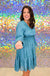 Jodifl Lisa Dress - Teal, long cuff sleeves, v-neck, chiffon, elastic waist, tiered skirt
