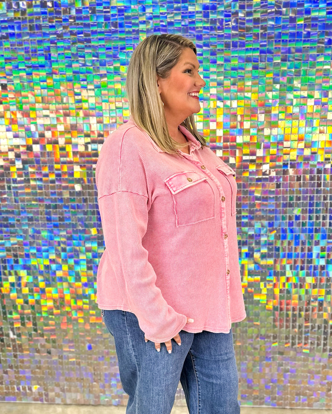 Shelby Waffle Button Up Top - Pink