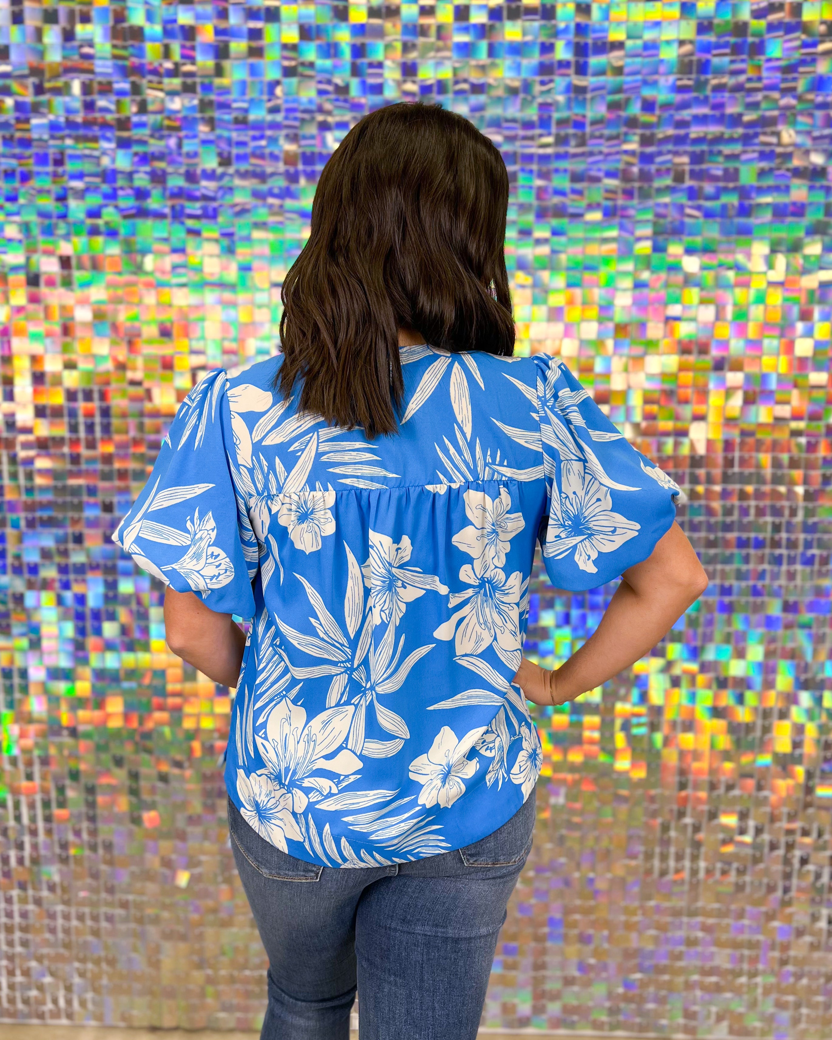 Jodifl Hawaiian Dreams Top - Blue, print, tropical, green, white, v-neck, puff sleeve, tassel