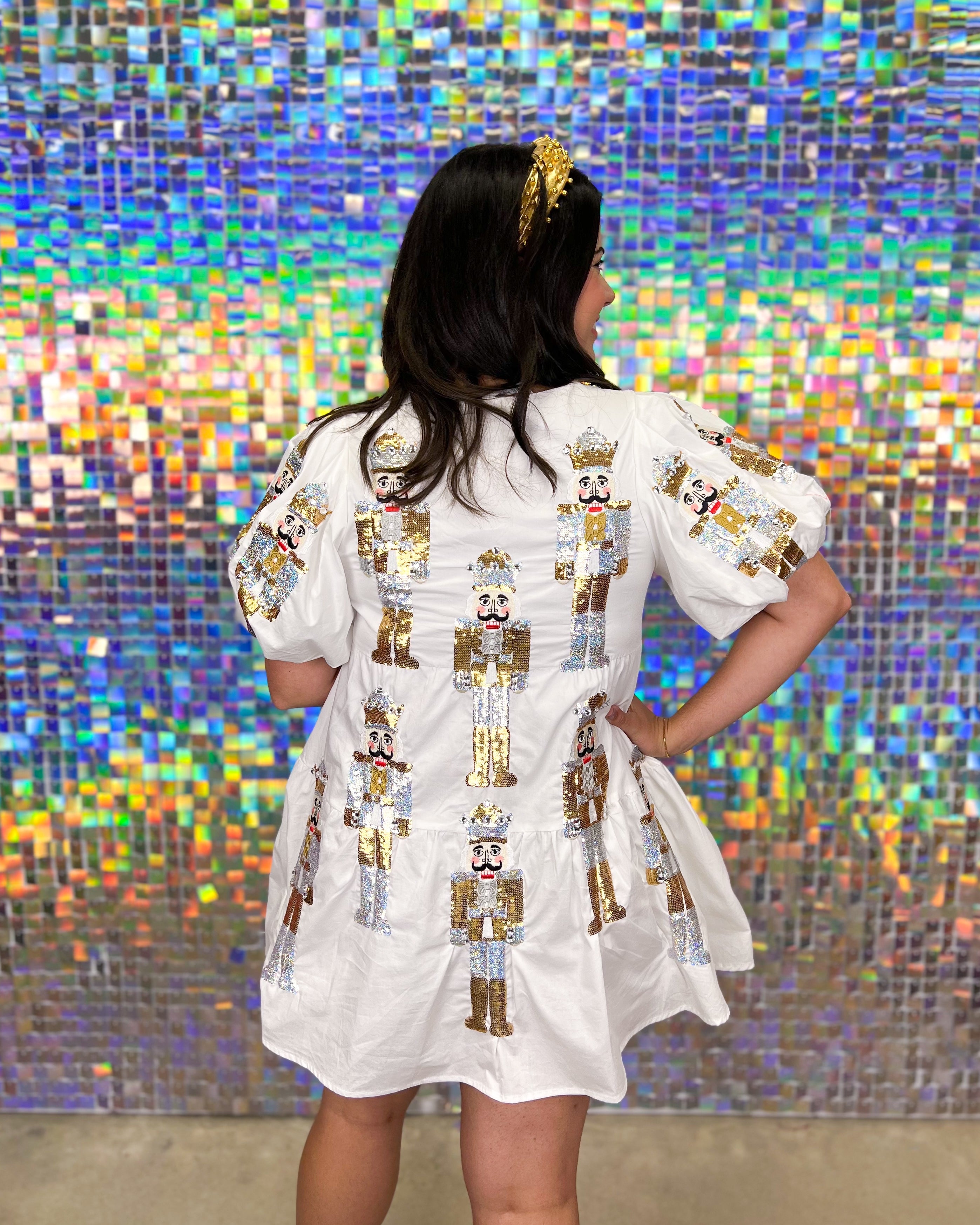 Queen of Sparkles Nutcracker Poof Sleeve Dress - White, Gold & Silver