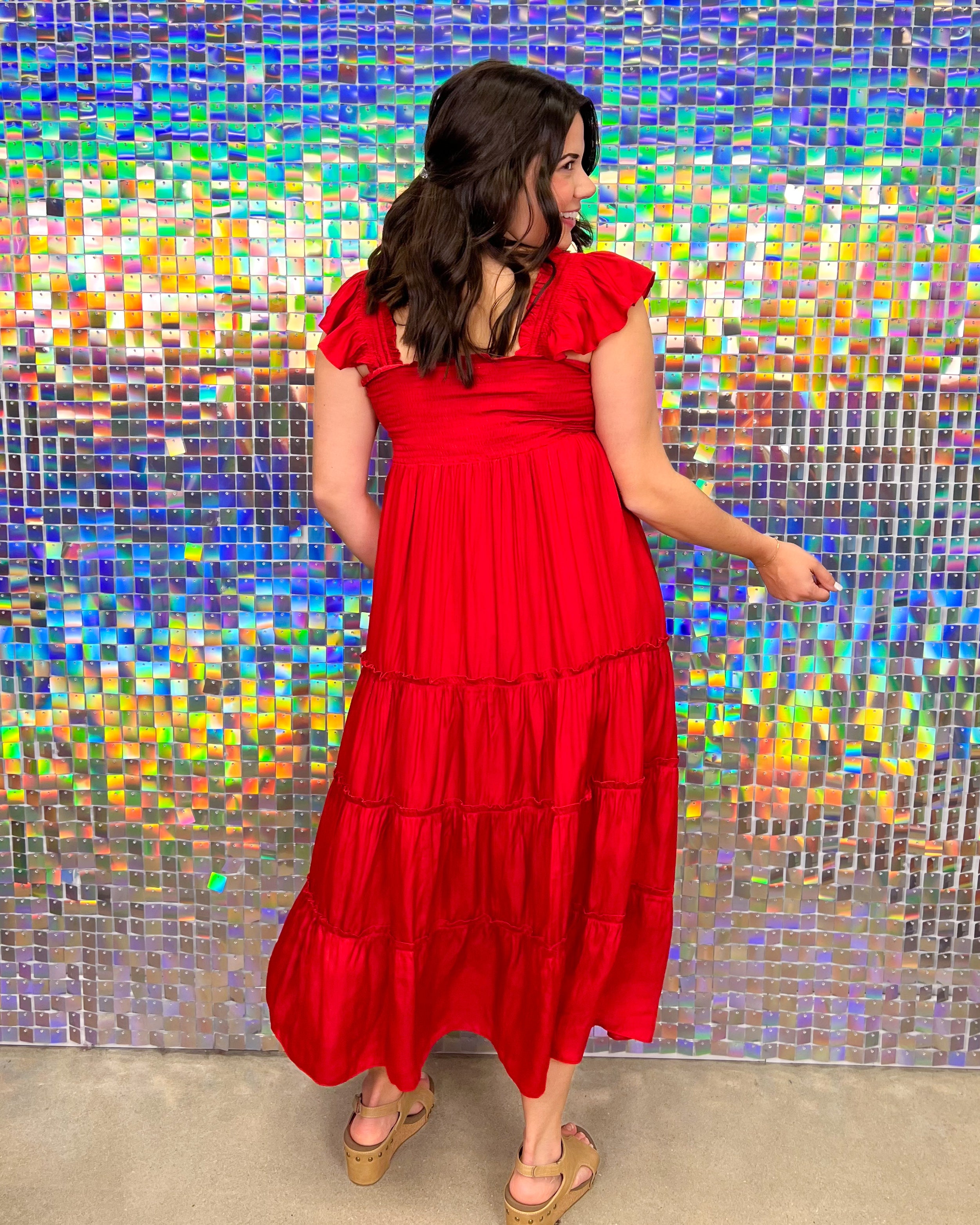 Skies Are Blue Alexandra Dress - Radiant Red, plus size, smocked, tiered, midi, flutter sleeve
