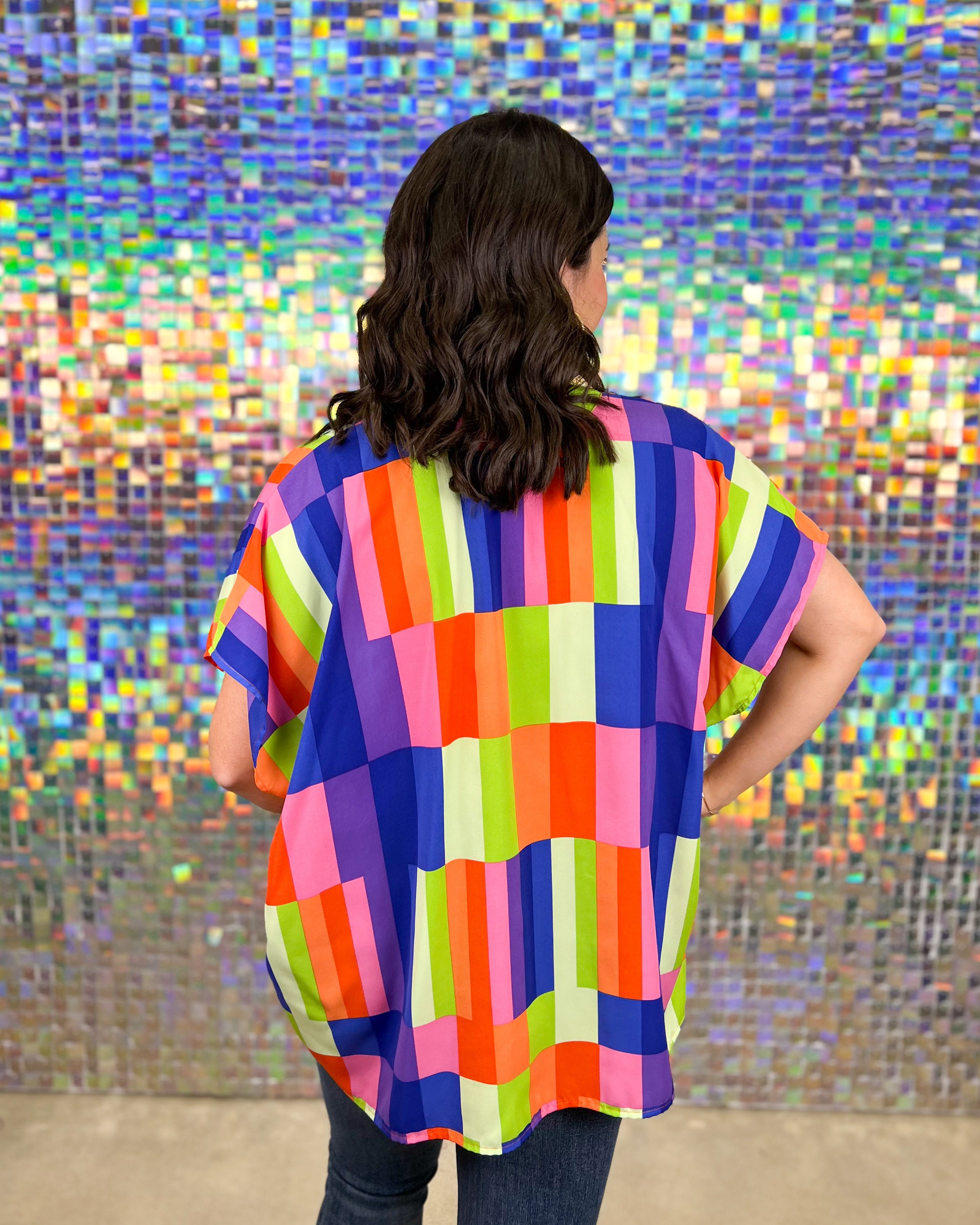 Entro Kaleidoscope Top - Multi, plus size, v-neck, short sleeve, rainbow, multi color