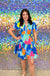 Umgee Melly Dress - Azure, print, vibrant, colorful, short sleeve, flutter, v-neck, mini, tiered