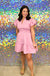 Entro Cottage Care Dress - Pink, v-neck, puff sleeve, tiered, elastic waist