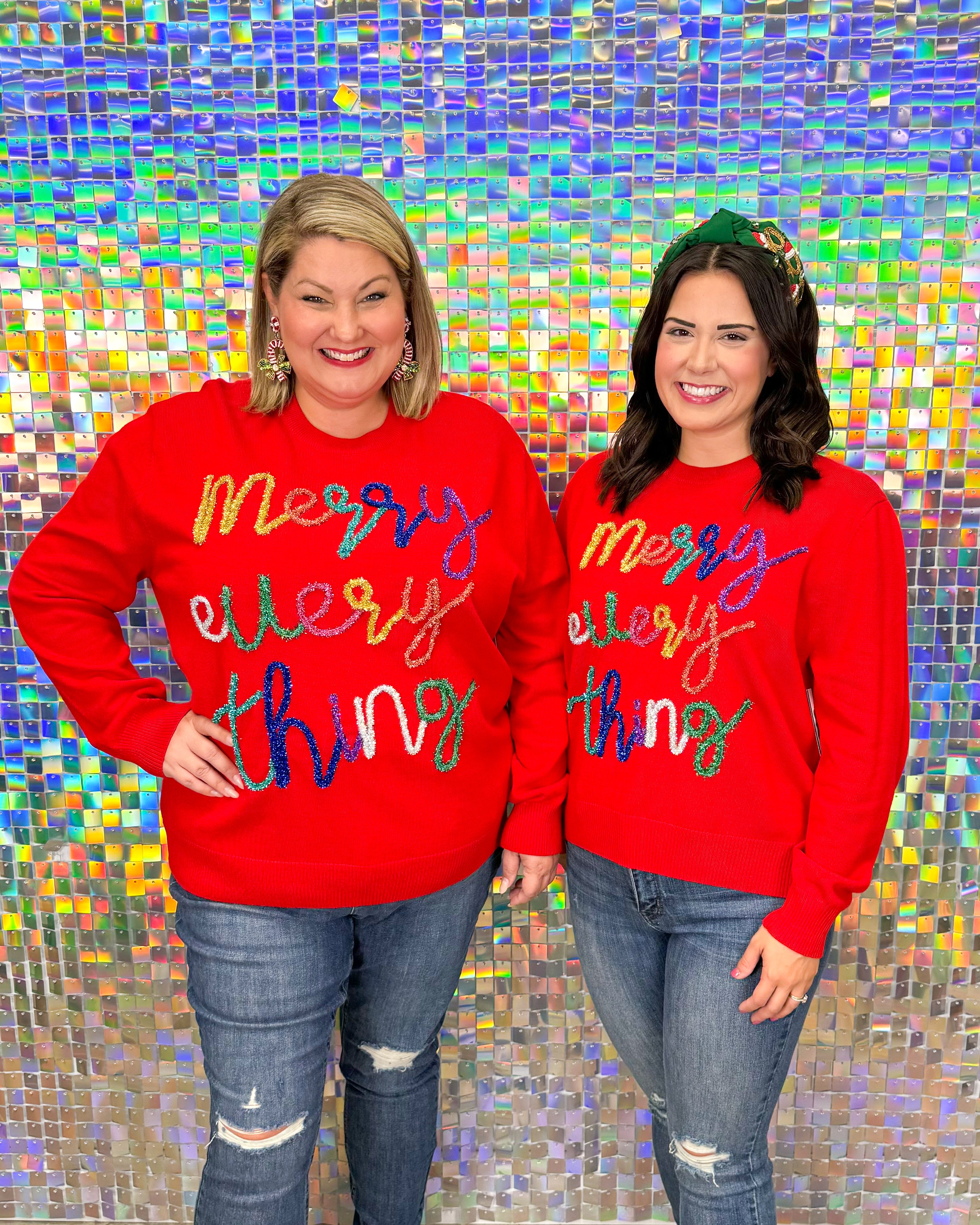 Queen of Sparkles Merry Everything Glitter Script Sweater - Red