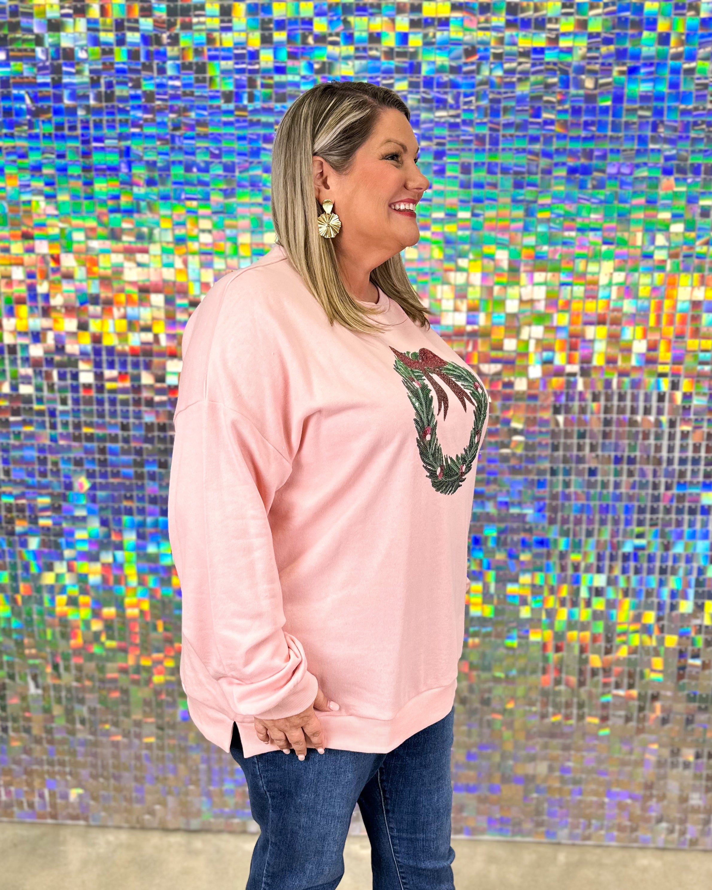 Clara Wreath Sequin Sweatshirt - Light Pink/Red/Green