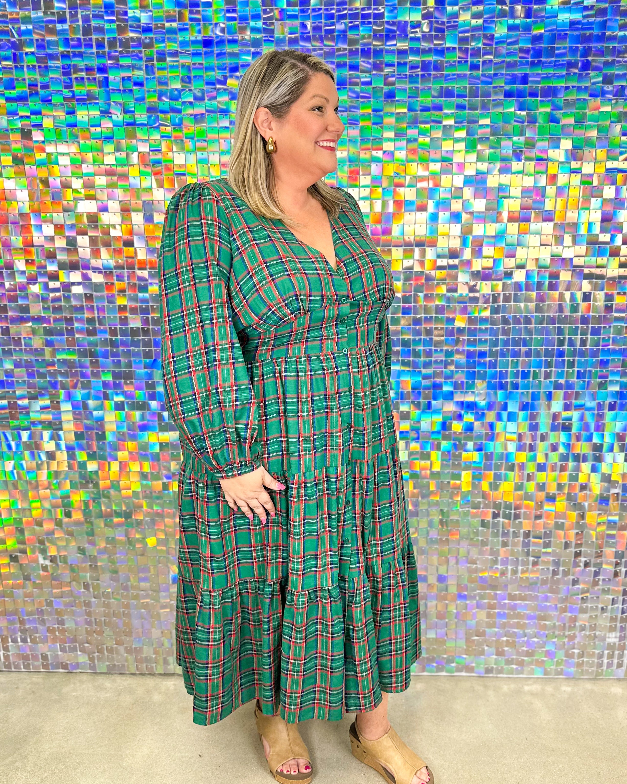 Jace Button Down Midi Dress - Green Multi