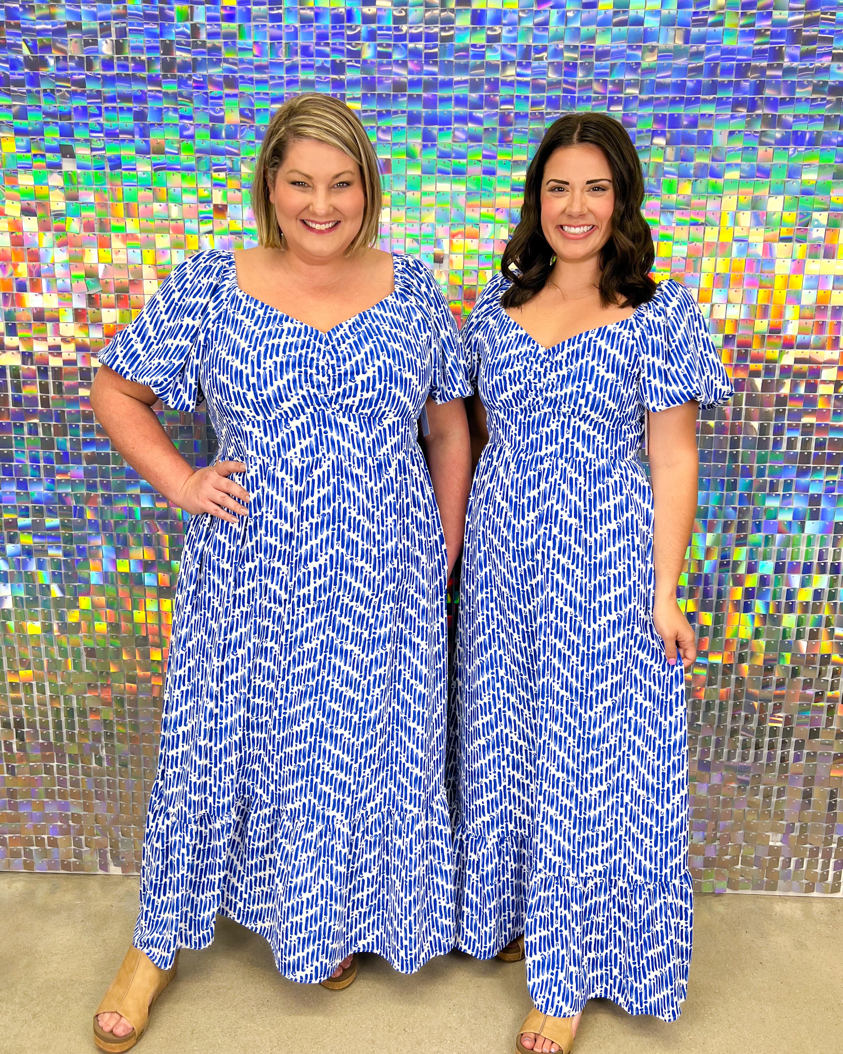 Skies Are Blue Waves Of Blue Maxi Dress - Blue, sweetheart neckline, smocked, tiered, plus size, print, puff sleeve, short sleeve