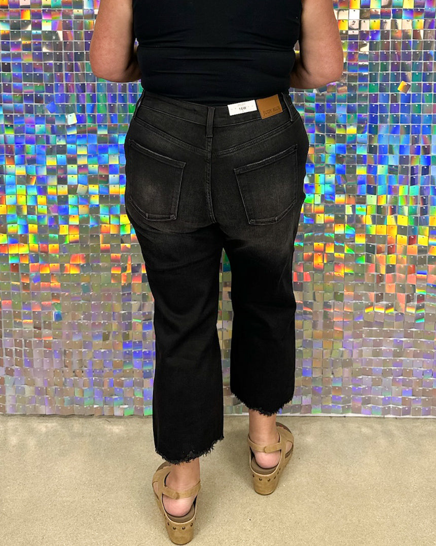 Judy Blue Aggie Crop Wide Leg Raw Hem High Waist Jean - Black