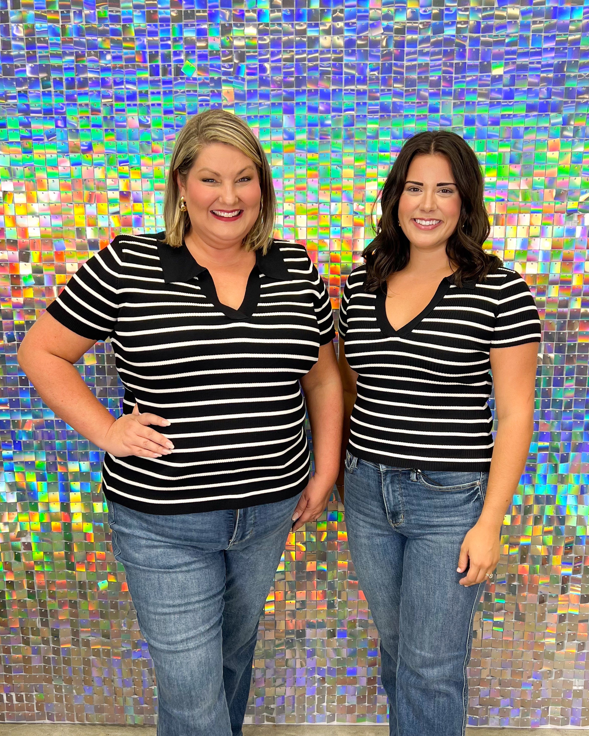 Blu Pepper Toni Striped Top - Black, collar, white, fitted, stretchy, v-neck, short sleeve, plus size