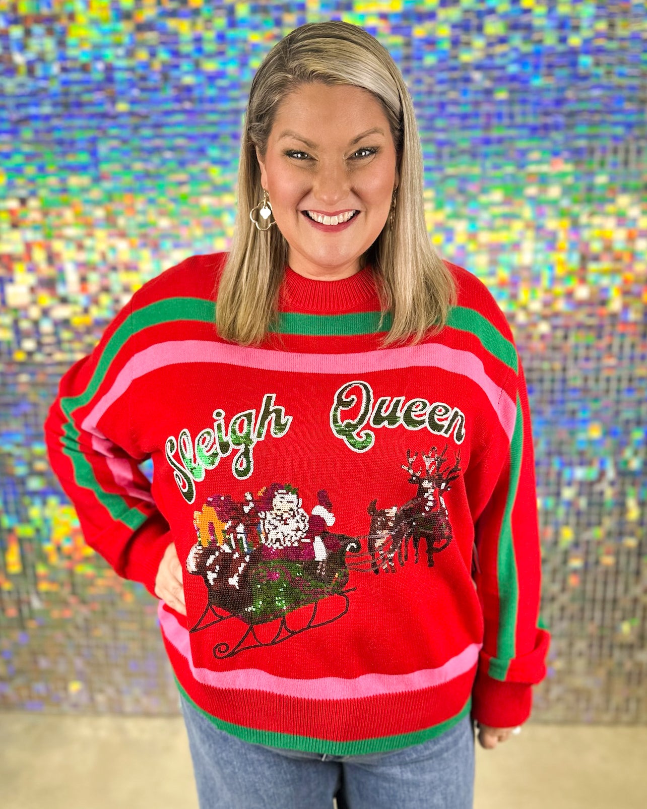 Queen of Sparkles ‘Sleigh Queen’ Stripe Sweater - Red/Green/Pink
