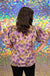 Entro So Totally Rad Top- Purple Moss, short puff sleeves, ruffle shoulder, tie ruffle neck, floral print