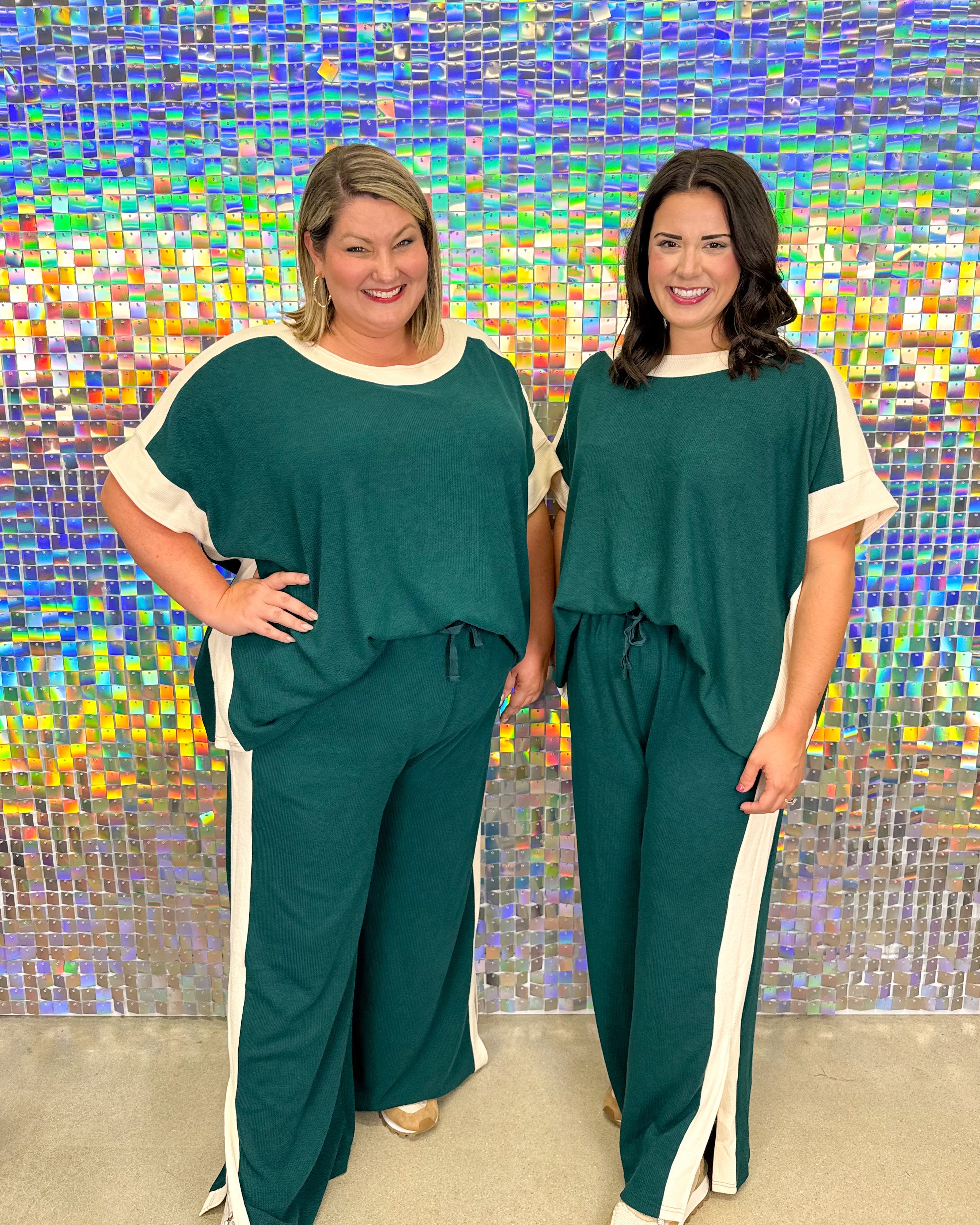 Entro Keeping It Casual Set - Pine, color block, plus size, green, white, stripe, wide leg, slit hem, drawstring pants, oversized, flowy top