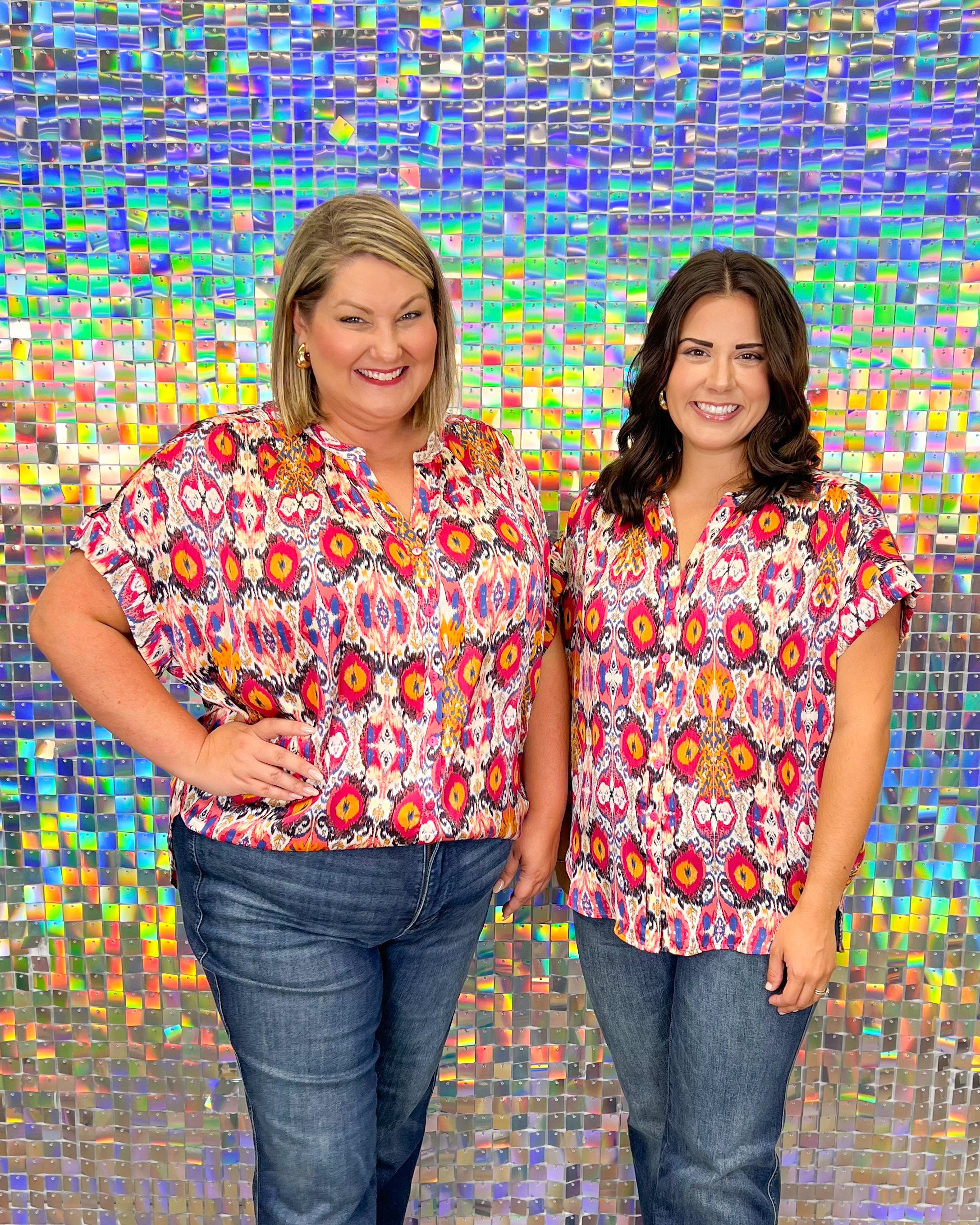 Jodifl Diana Top - Fuchsia Mix, buttons, plus size, print, pink, orange, navy, short sleeve