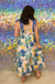 Entro Blooming Blossoms Dress - Blue Combo, midi, tiered, tie sleeves, v-neck ruffle, floral pattern, smocked back, pockets