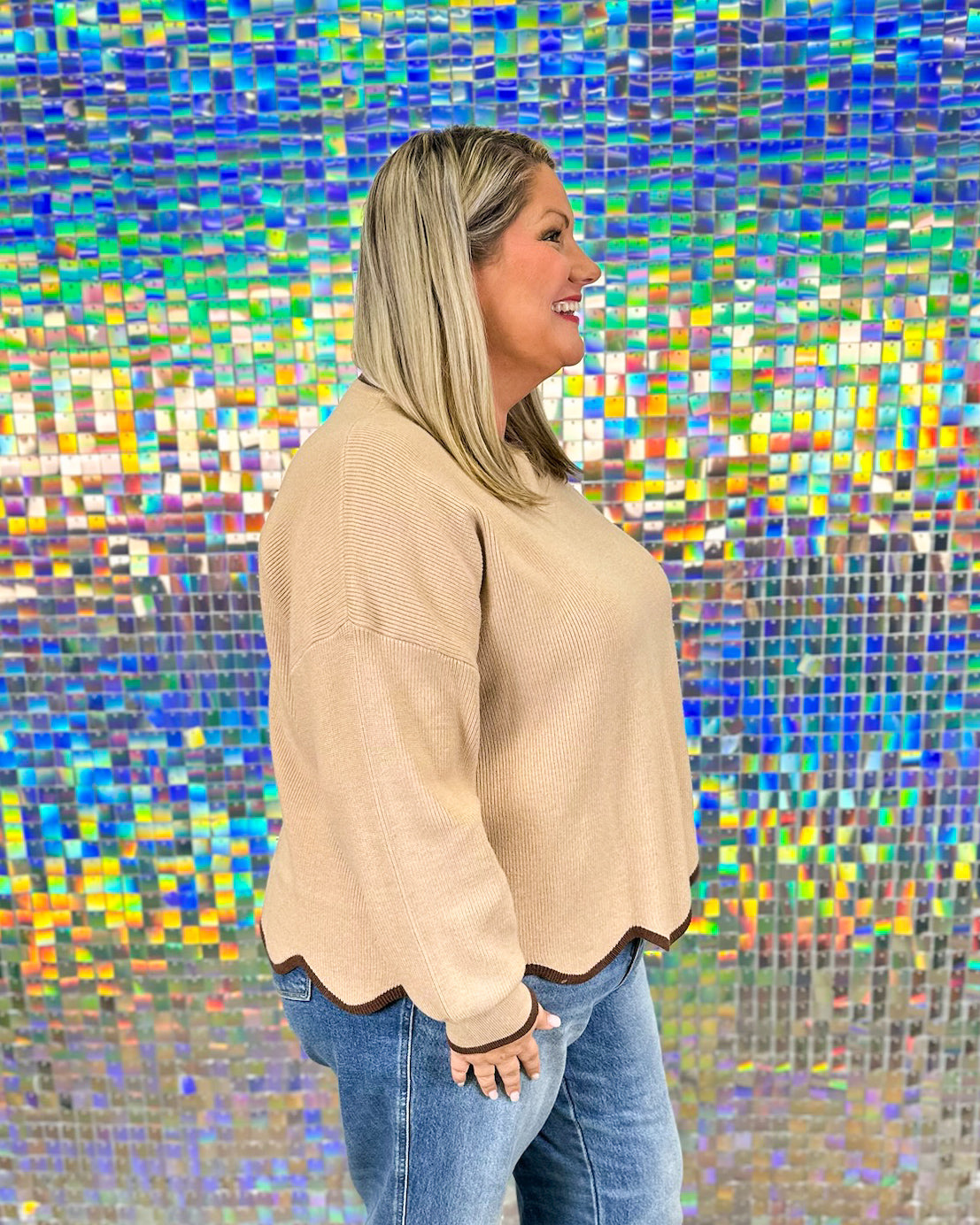 Campbell Scallop Hem Sweater - Light Mocha/Brown