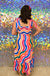 Entro Faux Beach Dress - Orange Multi, sleeveless, square neck, wavy lines, tiered, maxi, tie sleeve