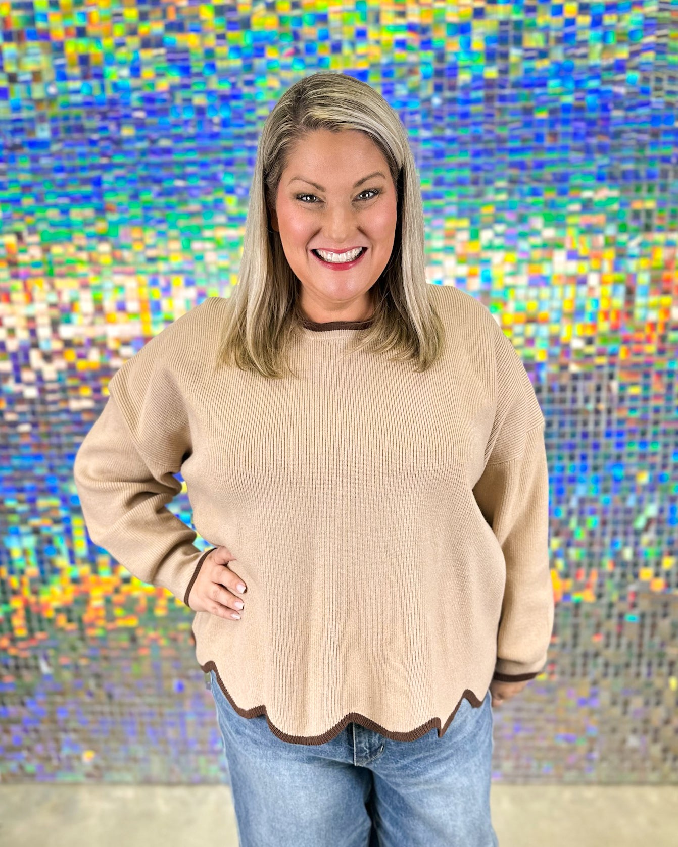 Campbell Scallop Hem Sweater - Light Mocha/Brown