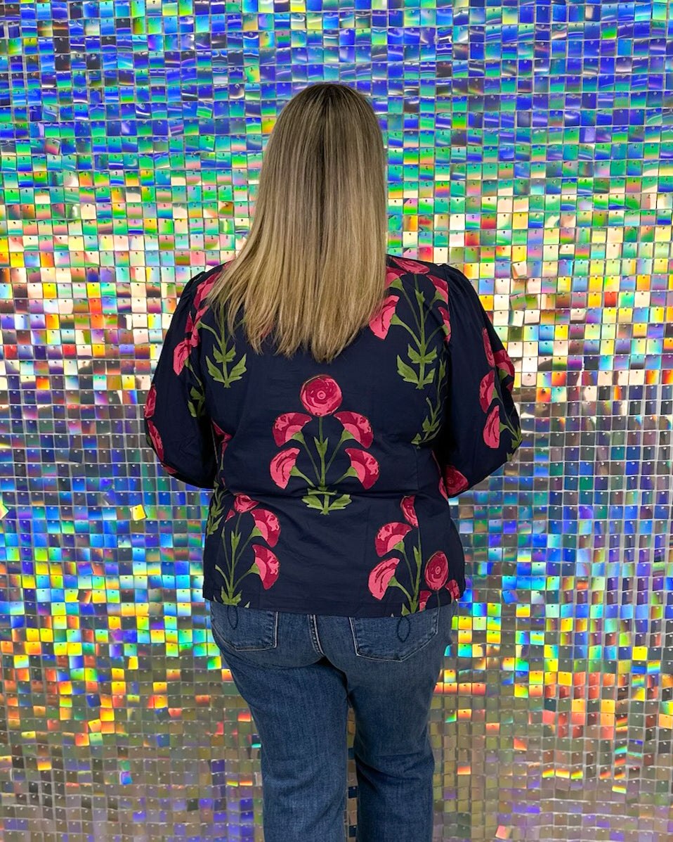 Wild Flower Top  - Navy