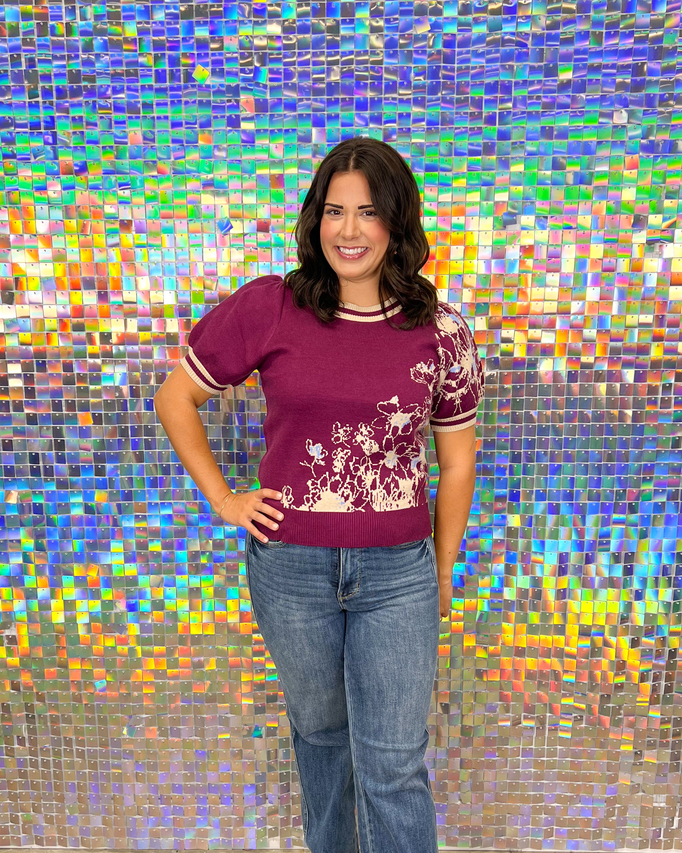 Entro Marbella Sweater - Plum, purple, floral, short sleeve, round neck