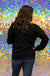 Gilli Cheers Everyday Sweater -Black, long sleeve, banded hem, metallic thread "cheers" curvy