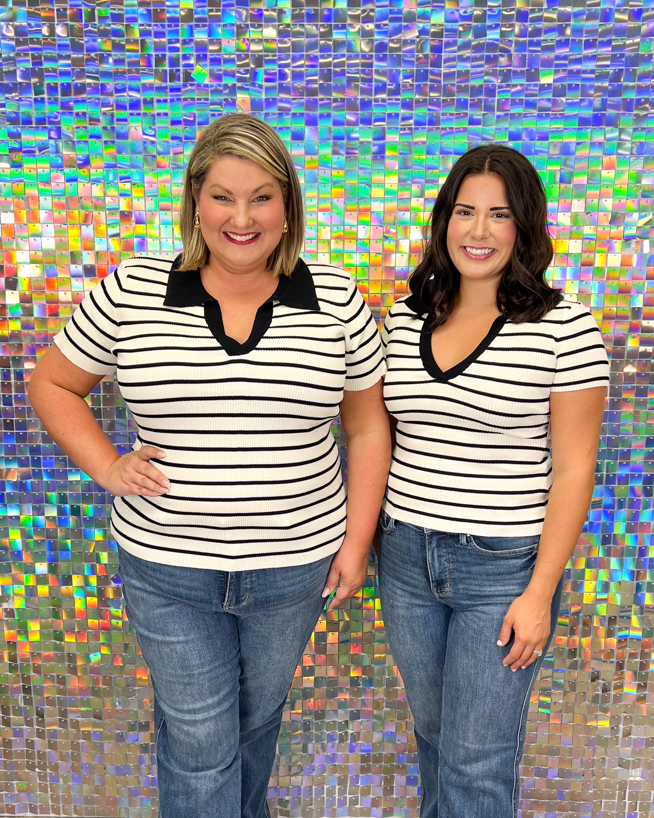 Blu Pepper Toni Striped Top - Ivory, collar, black, fitted, stretchy, v-neck, short sleeve, plus size