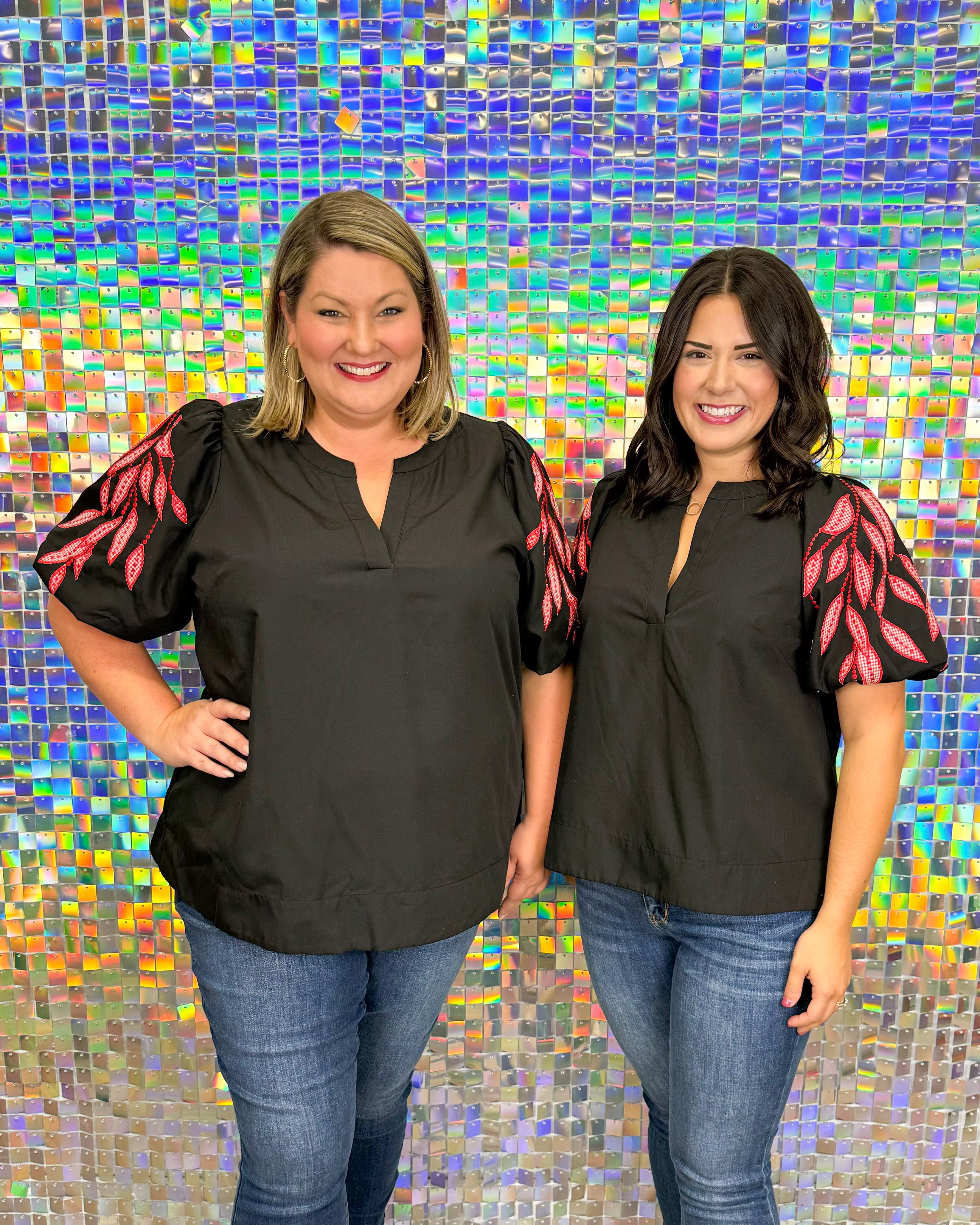 Entro Dominique Top - Black, plus size, v-neck, short sleeve, puff sleeve, embroidered, red, white, gingham