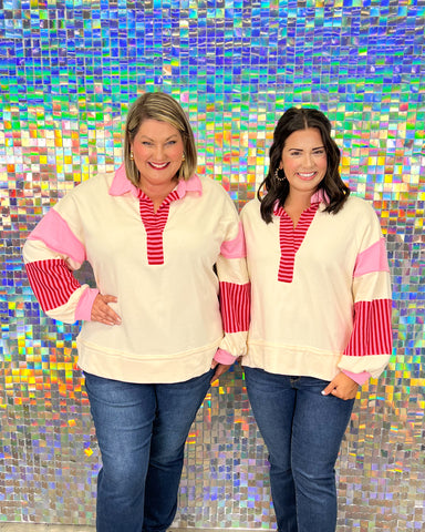 Entro Millie Sweatshirt - Ecru, stripe, preppy, collar, pink, red, plus size