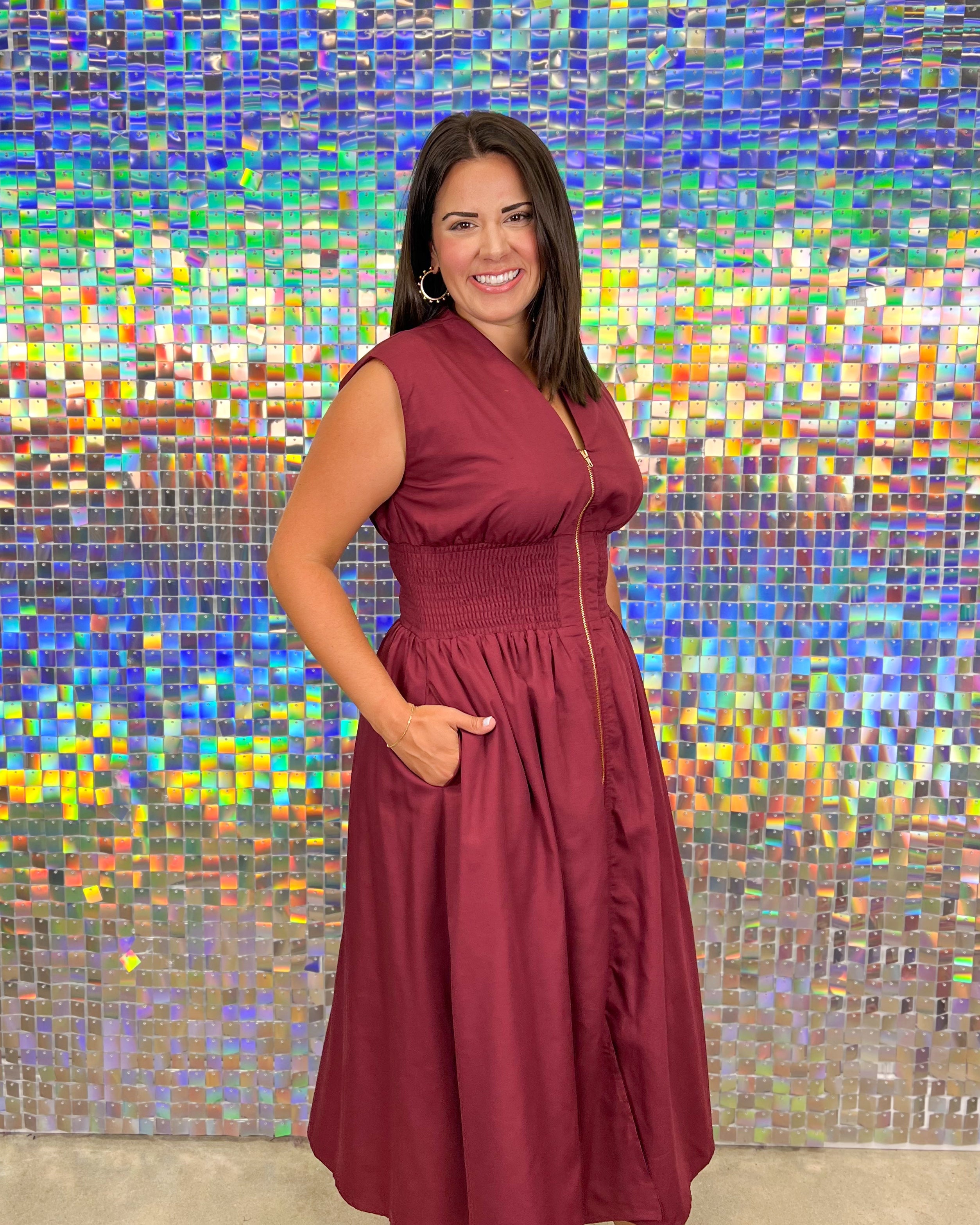 Entro Zip Me Up Dress - Merlot, burgundy, plus size, v-neck, zipper, midi, sleeveless, v-neck