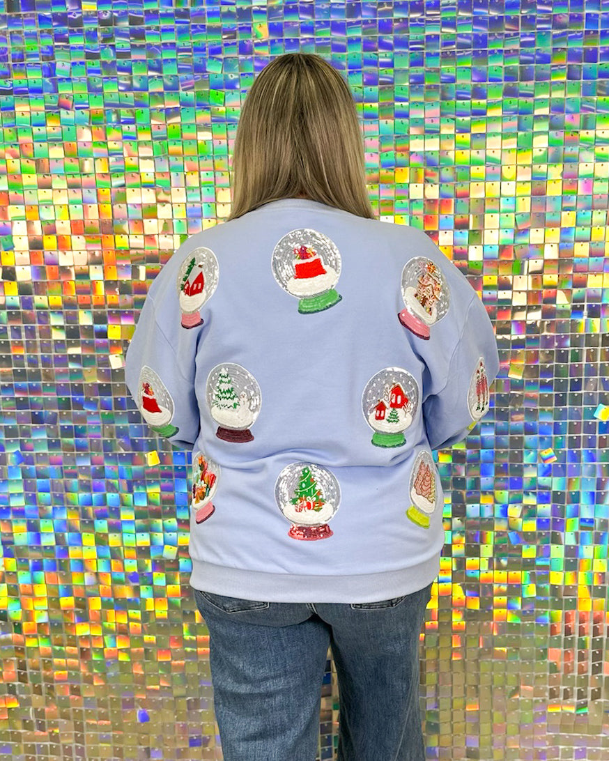 Queen of Sparkles Christmas Snow Globe Sweatshirt - Powder Blue