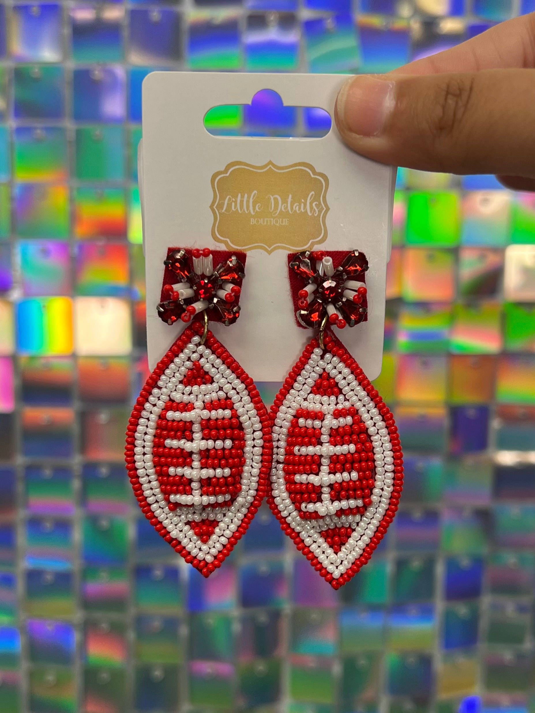 Gameday Beaded Football Earrings - Red/White