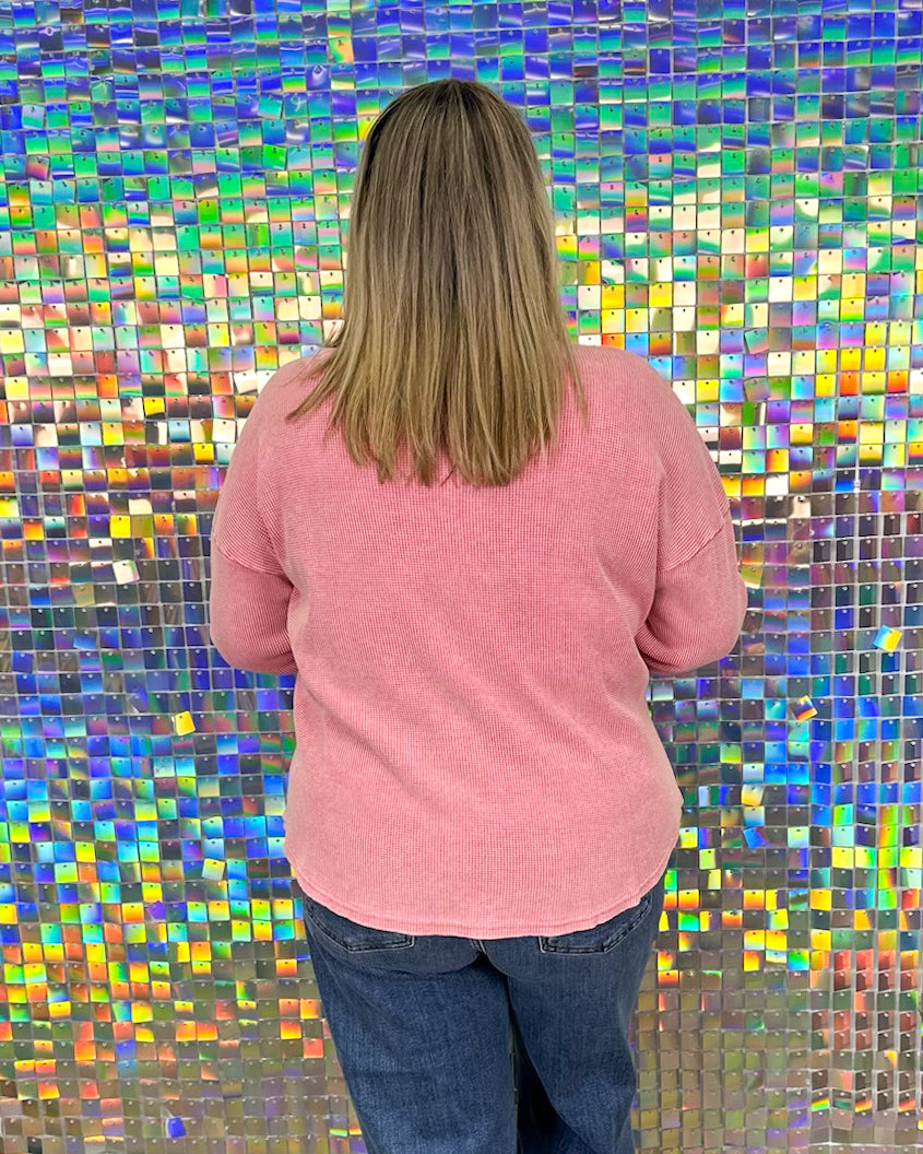 Shelby Waffle Button Up Top - Pink