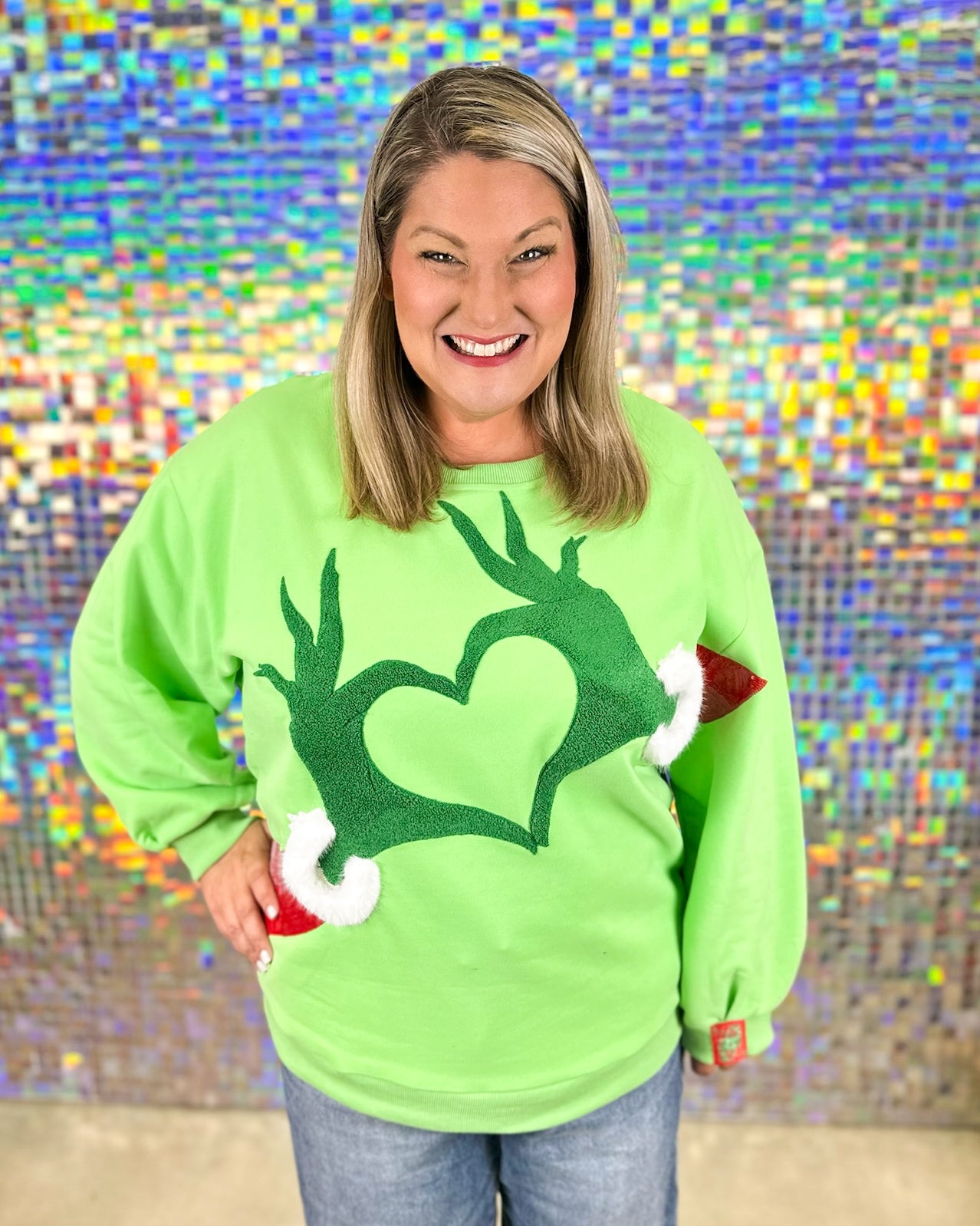 Queen of Sparkles Grinch Heart Hands Sweatshirt  - Green
