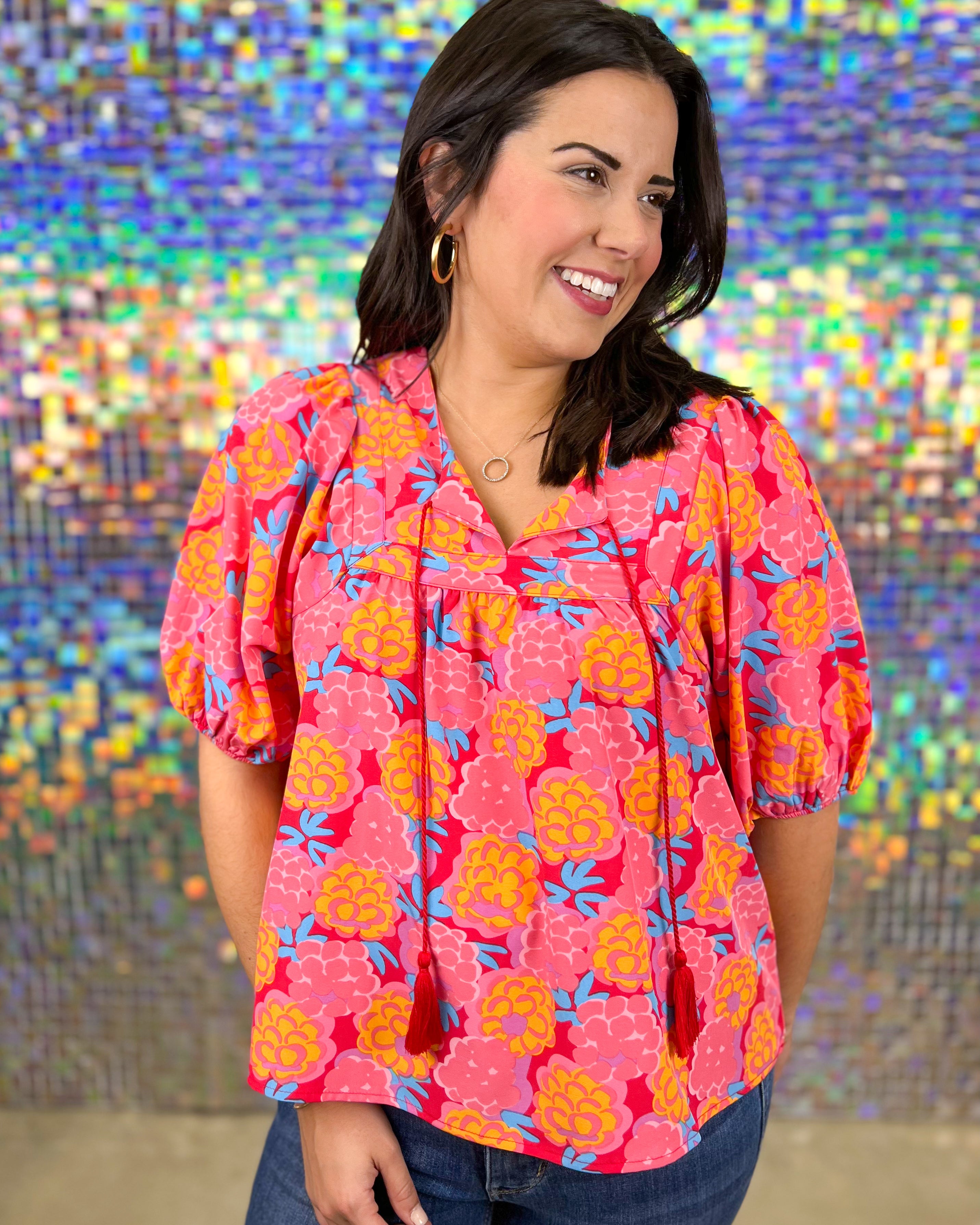 Michelle McDowell Penny Top - Sour Raspberry Coral, v-neck, tassel, half sleeve, print, plus size