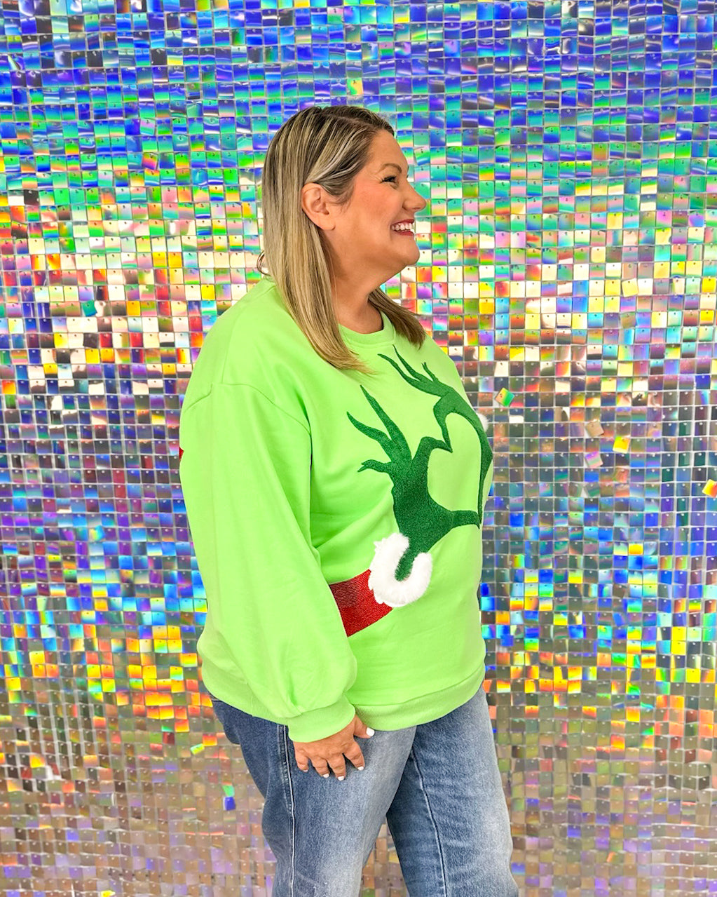 Queen of Sparkles Grinch Heart Hands Sweatshirt  - Green