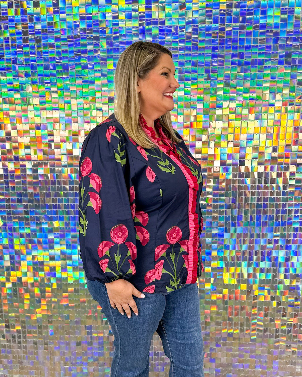 Wild Flower Top  - Navy