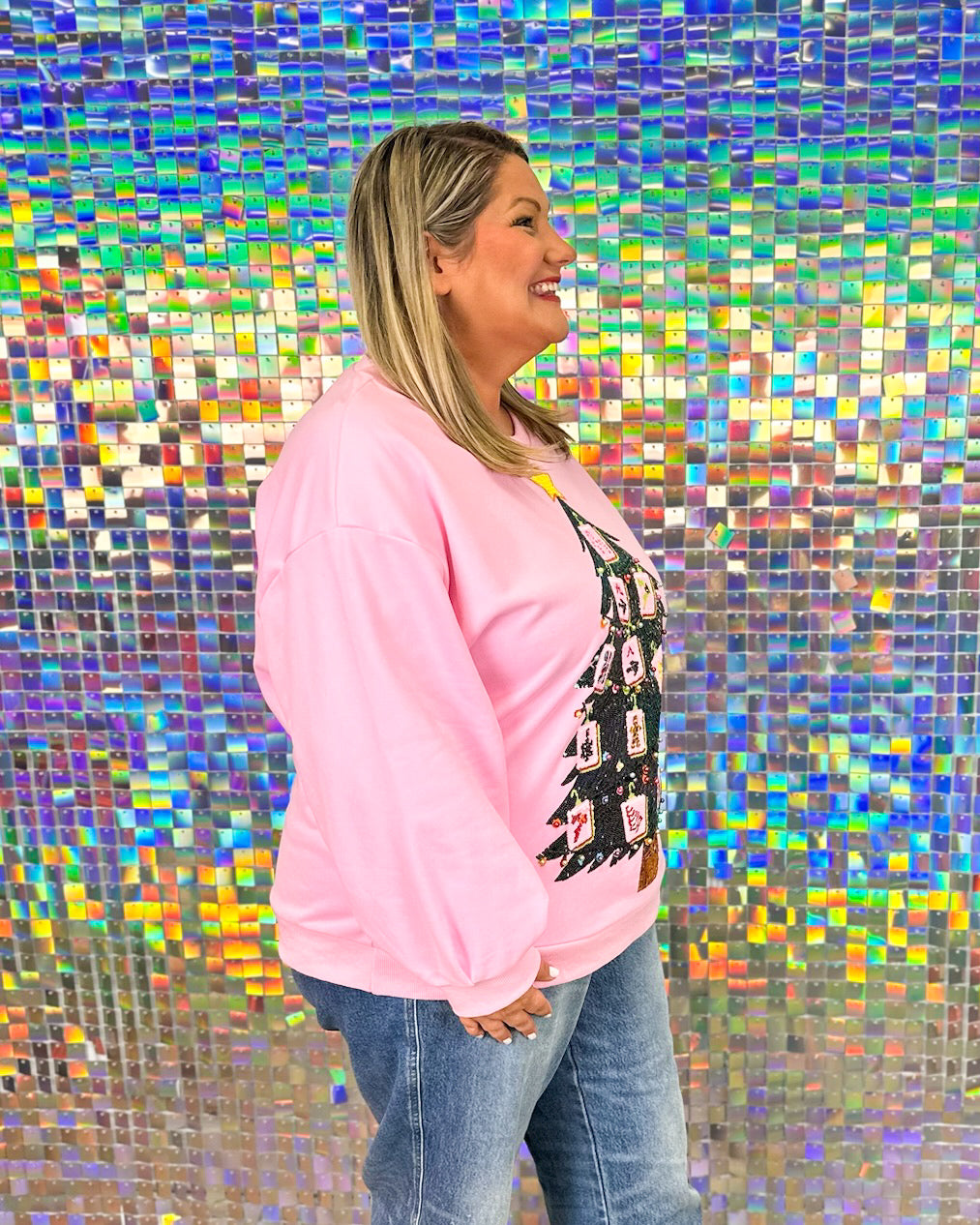 Queen of Sparkles Mahjong Christmas Tree Sweatshirt  - Pink
