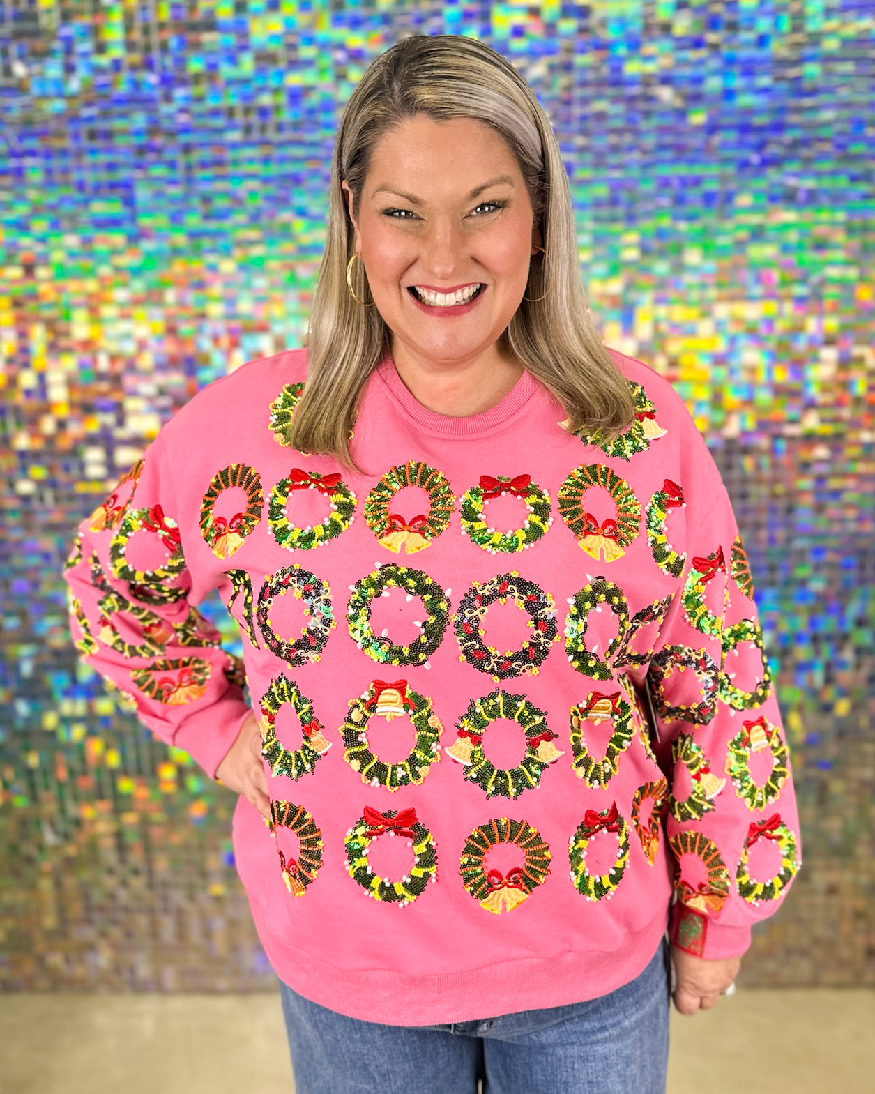 Queen of Sparkles Wreaths Sweatshirt - Hot Pink