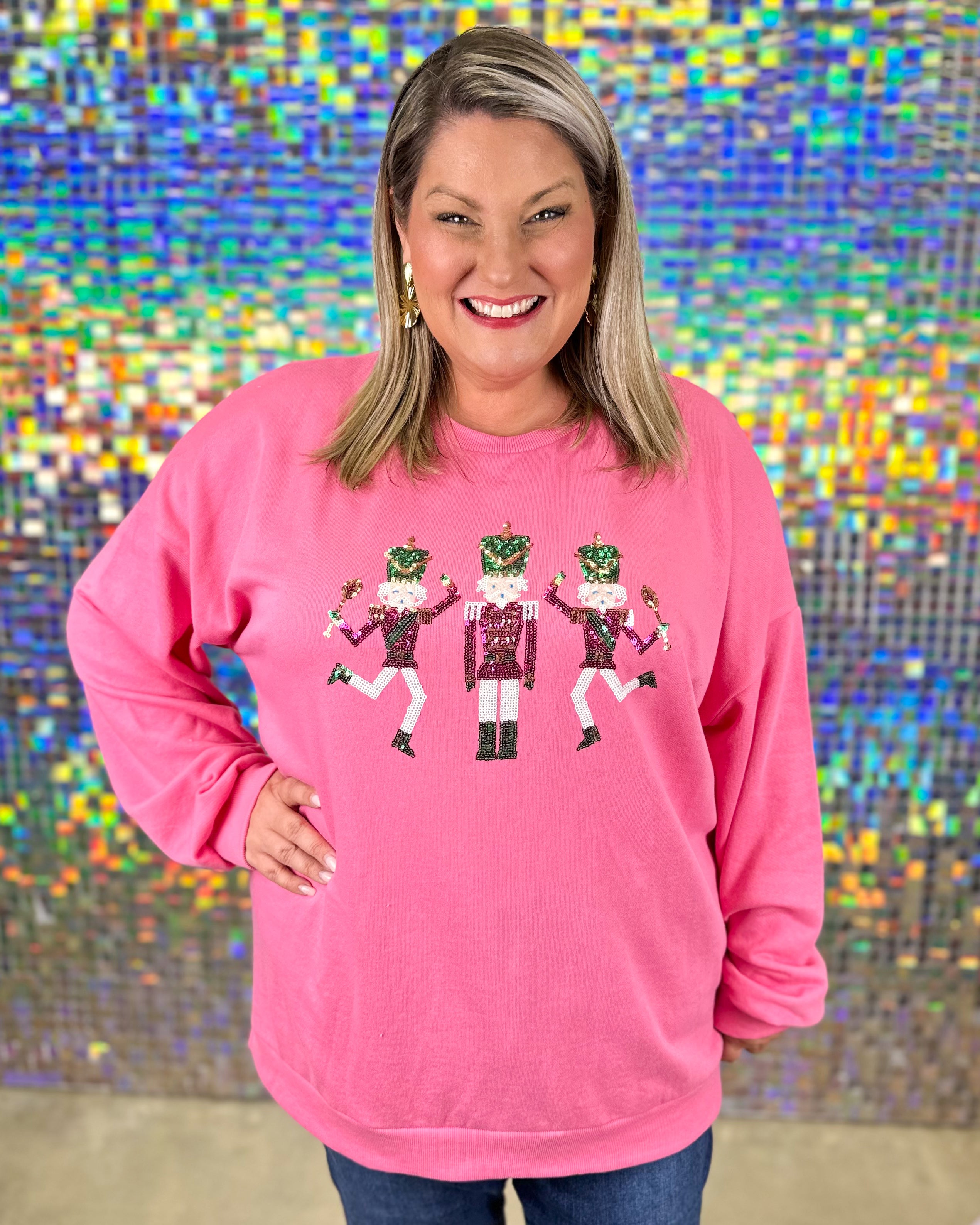 Nutcracker Cutie Sequin Sweatshirt - Pink/Green/Gold