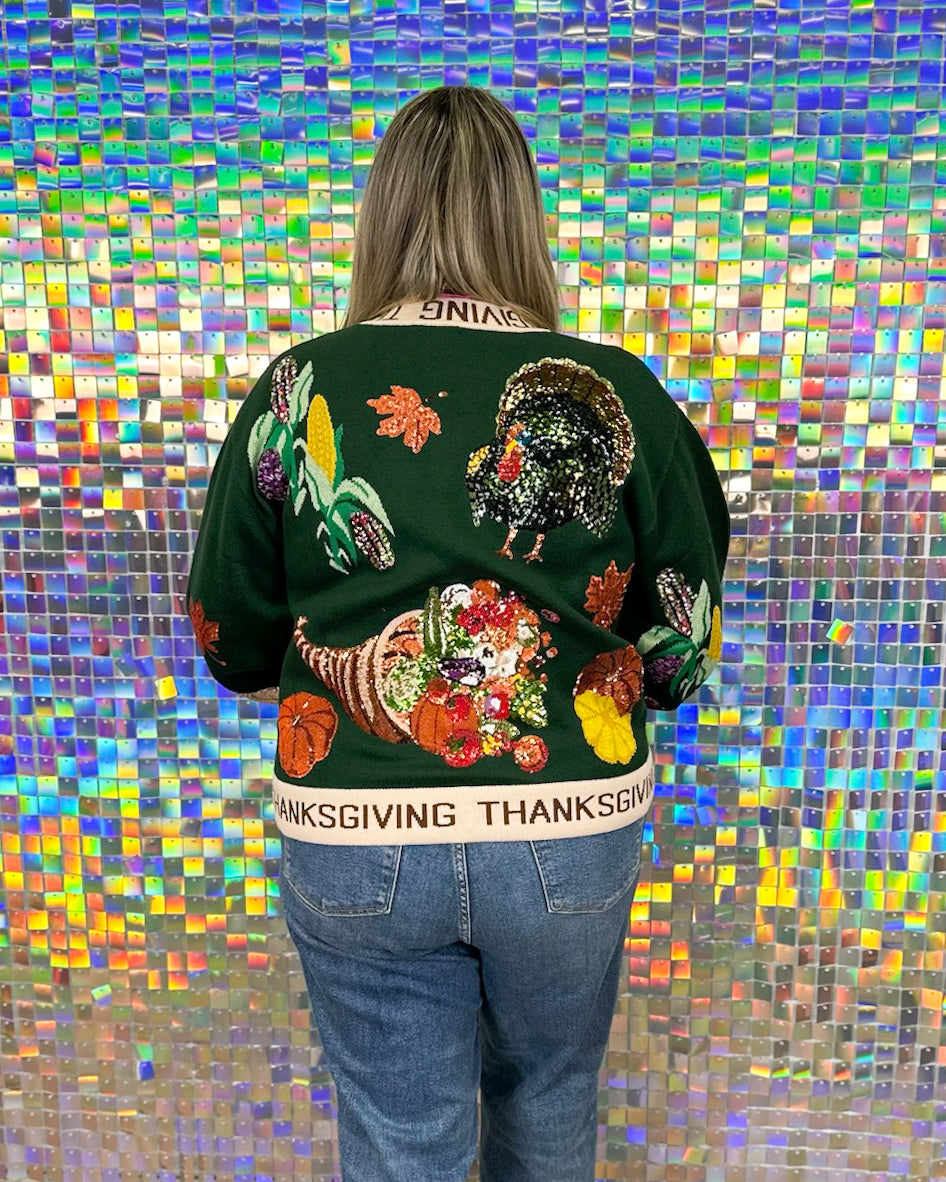 Queen of Sparkles Thanksgiving Button Cardigan - Dark Green