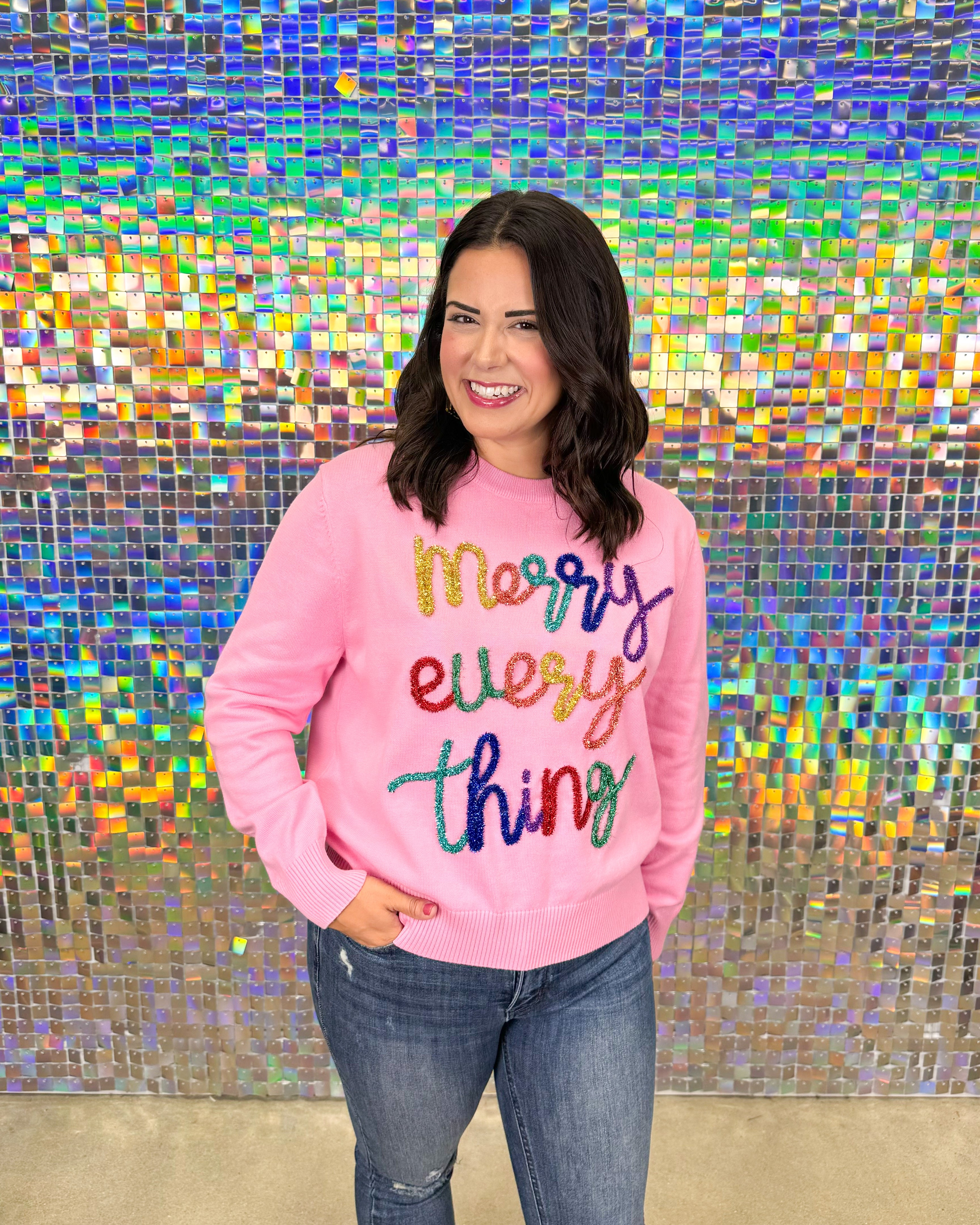 Queen of Sparkles Merry Everything Glitter Script Sweater - Pink