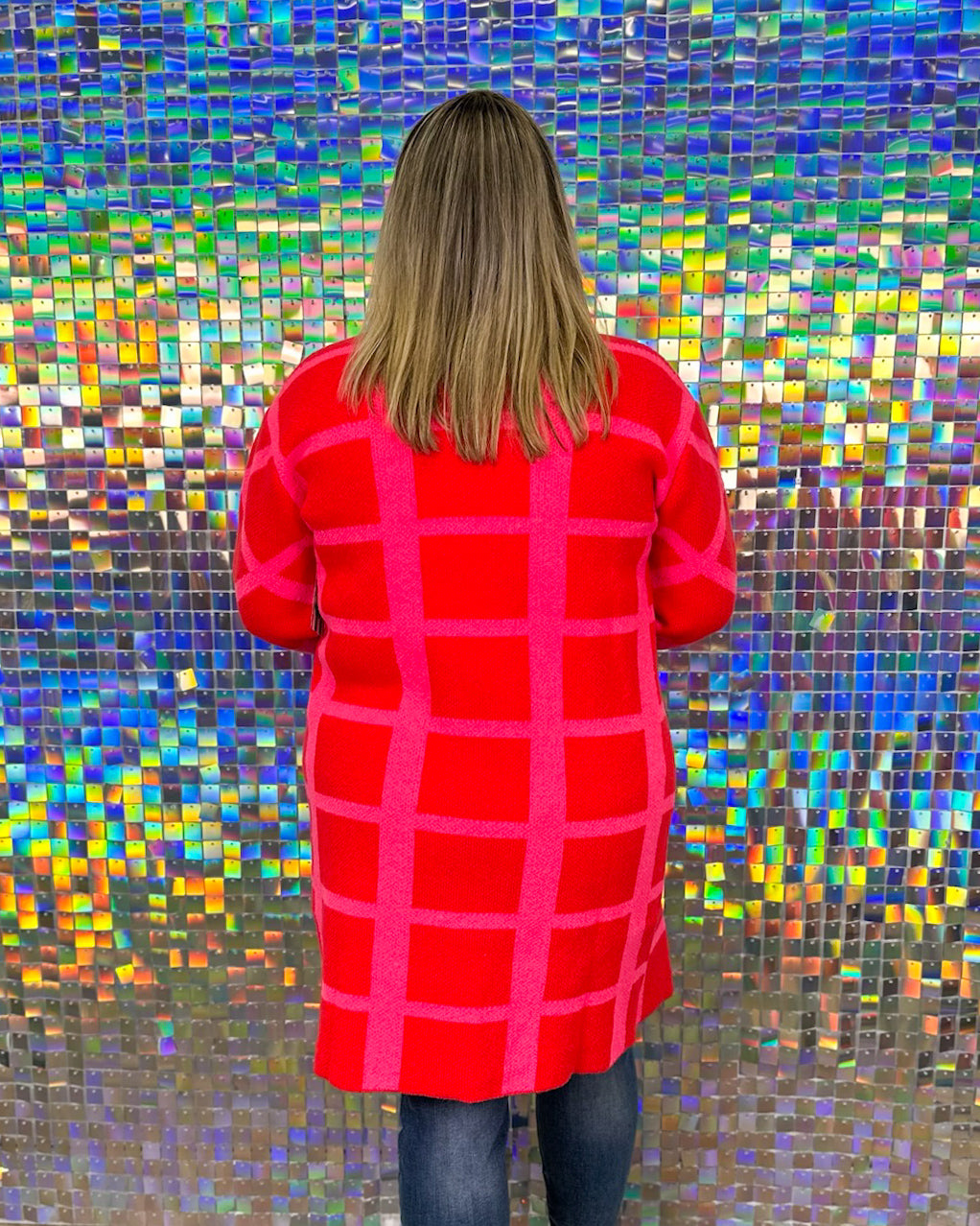 Colette Checker Cardi Coat - Pink/Red