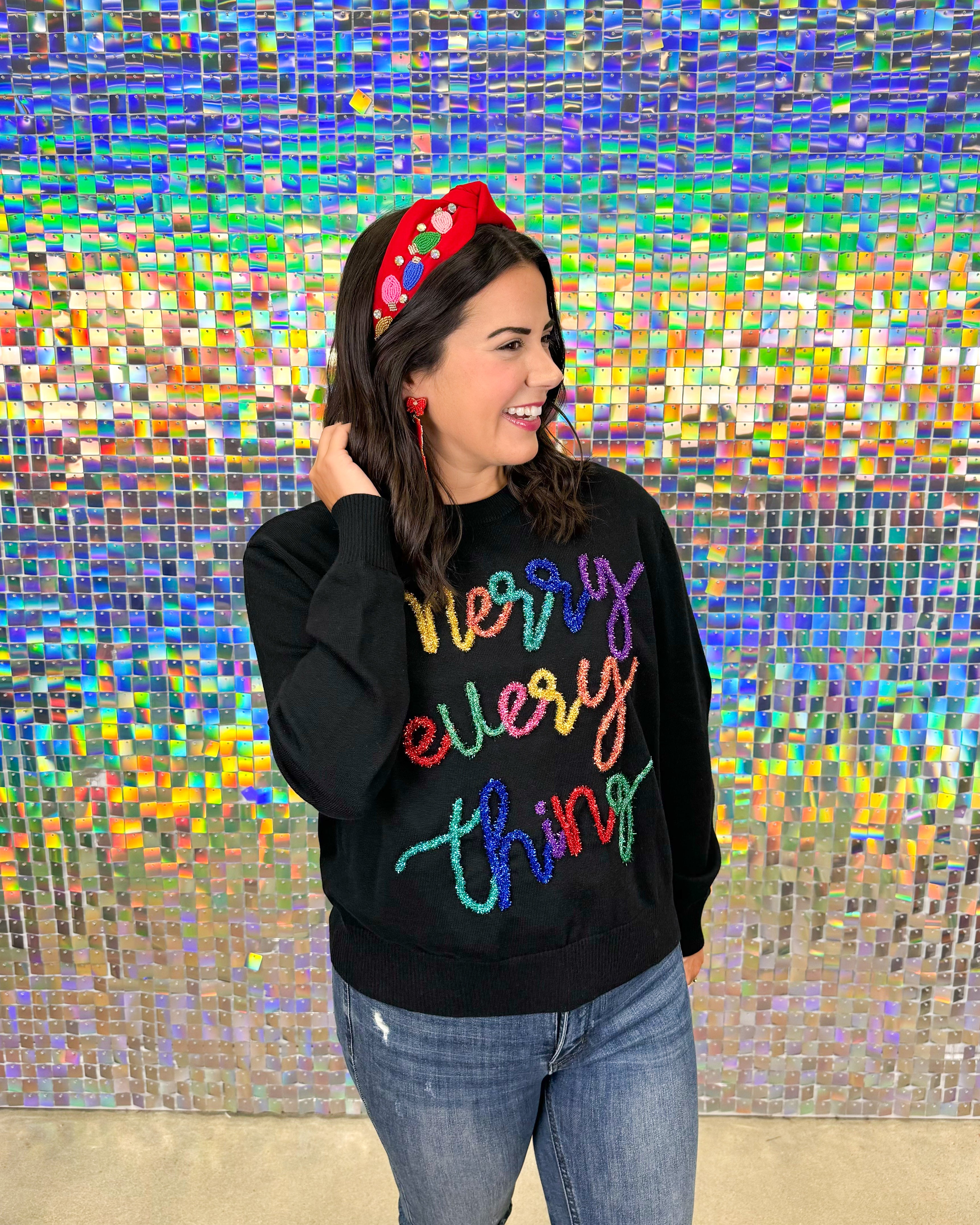 Queen of Sparkles Merry Everything Glitter Script Sweater - Black