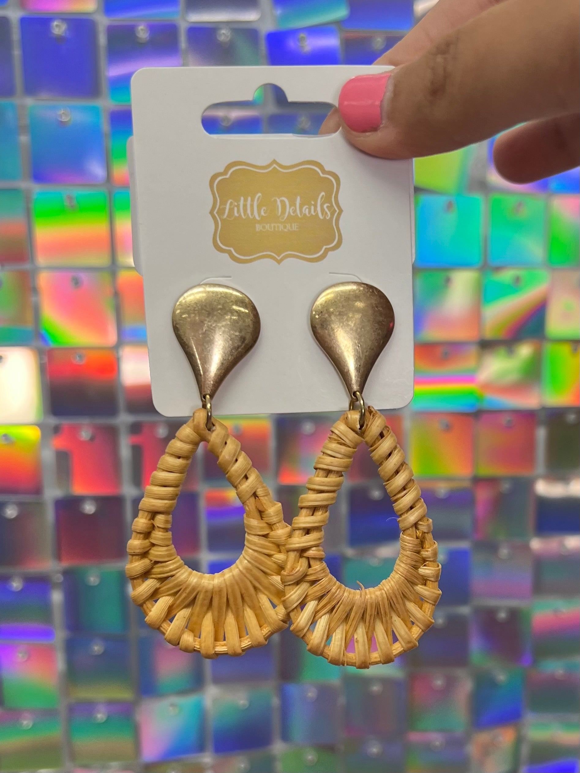 Rattan Teardrop Dangle Earrings - Light Brown