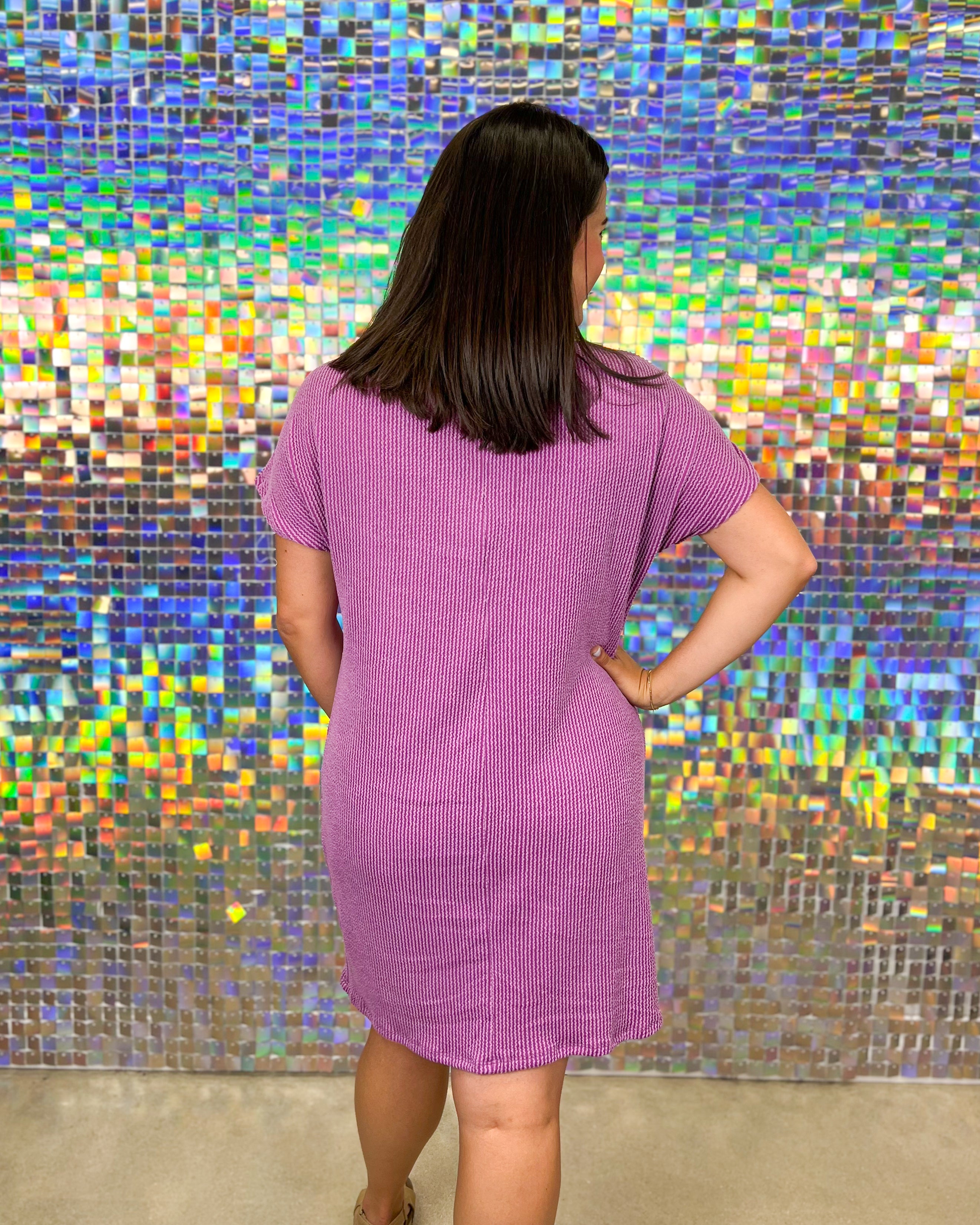 Entro Funday Dress - Purple, mini, ribbed, plus size, pocket, round neck, short sleeve, game day