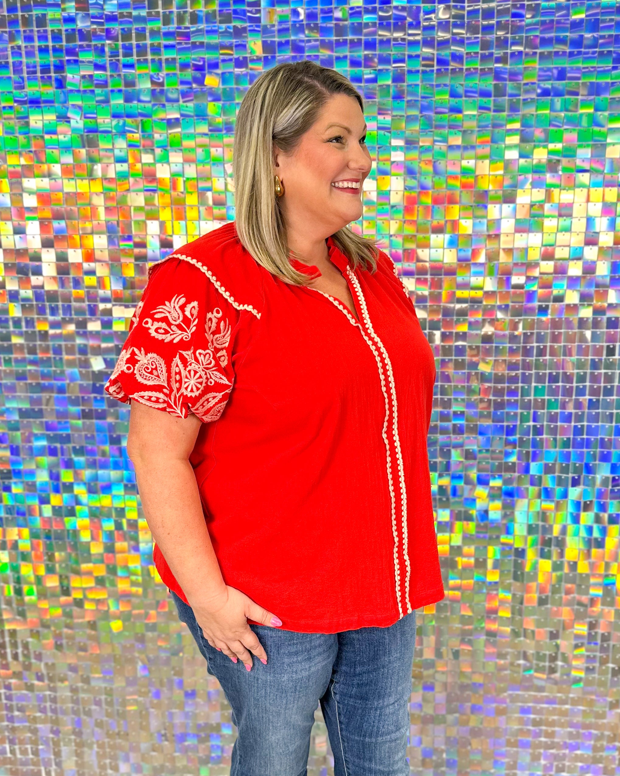 Tricia Embroidered Top - Red