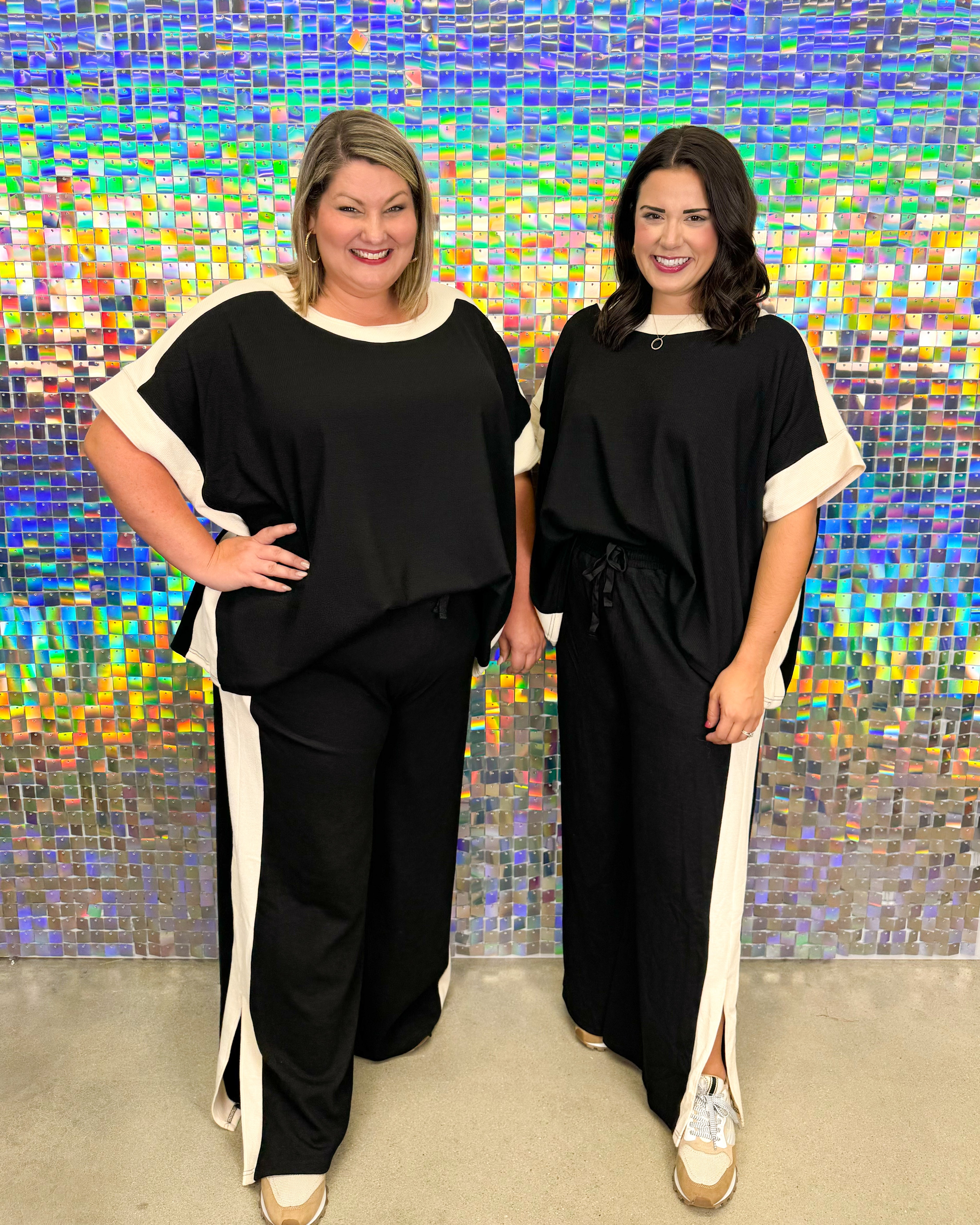 Entro Keeping It Casual Set - Black, color block, plus size, white, stripe, wide leg, slit hem, drawstring pants, oversized, flowy top