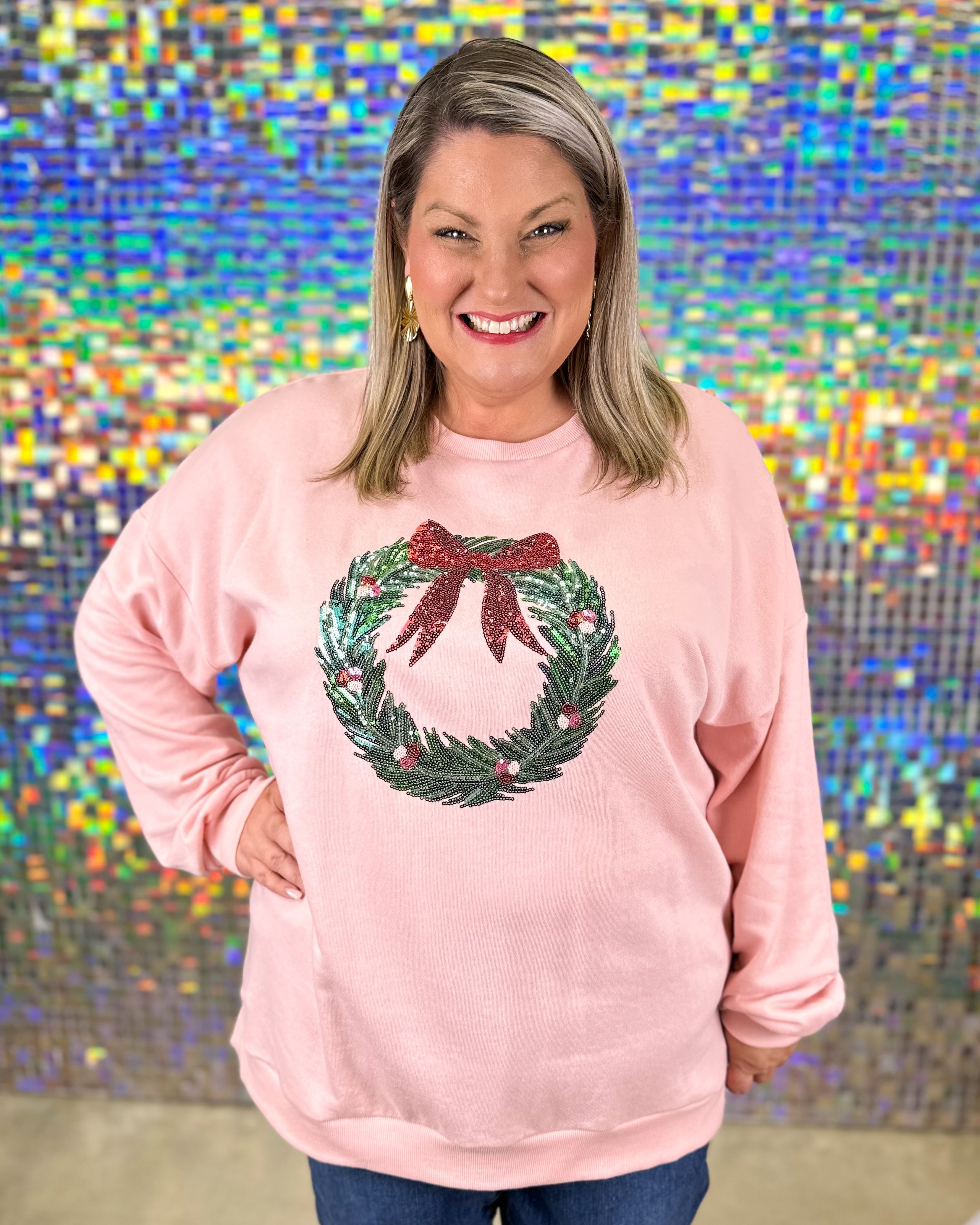 Clara Wreath Sequin Sweatshirt - Light Pink/Red/Green