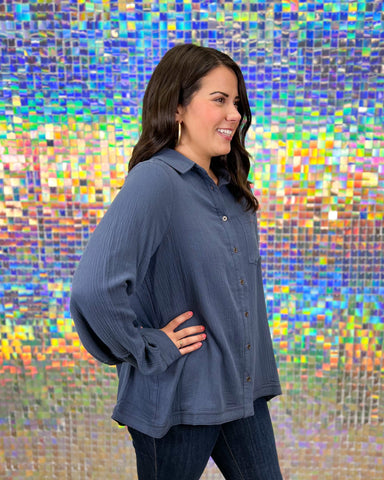 Cotton Bleu Reign It In Top - Dusty Blue, long sleeve, button down, collared, front pocket, gauze material, curvy