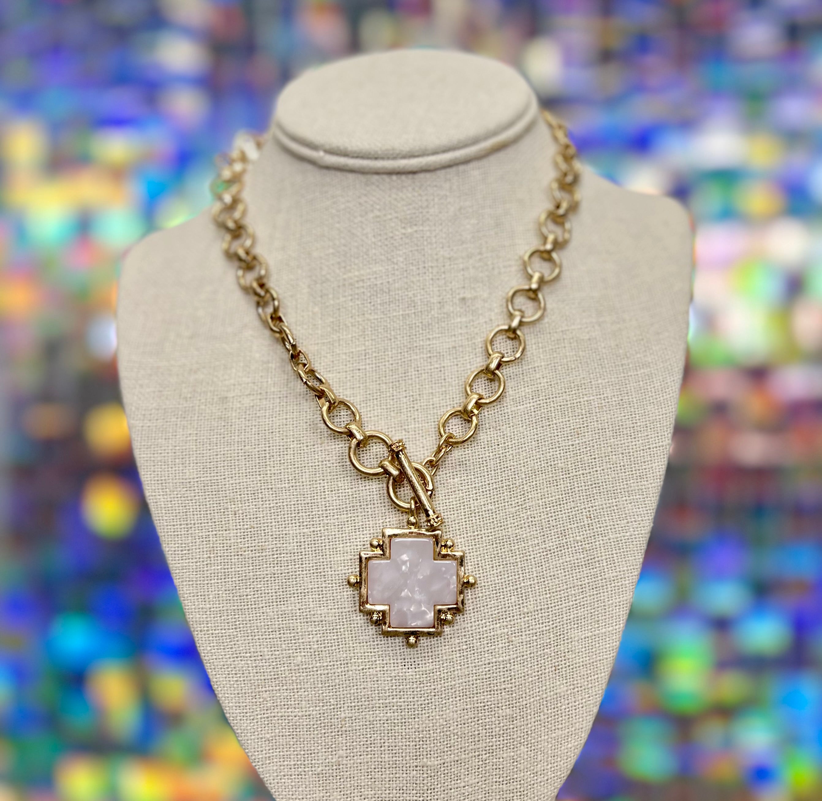 Cross Necklace Set - Cream/Vintage Gold